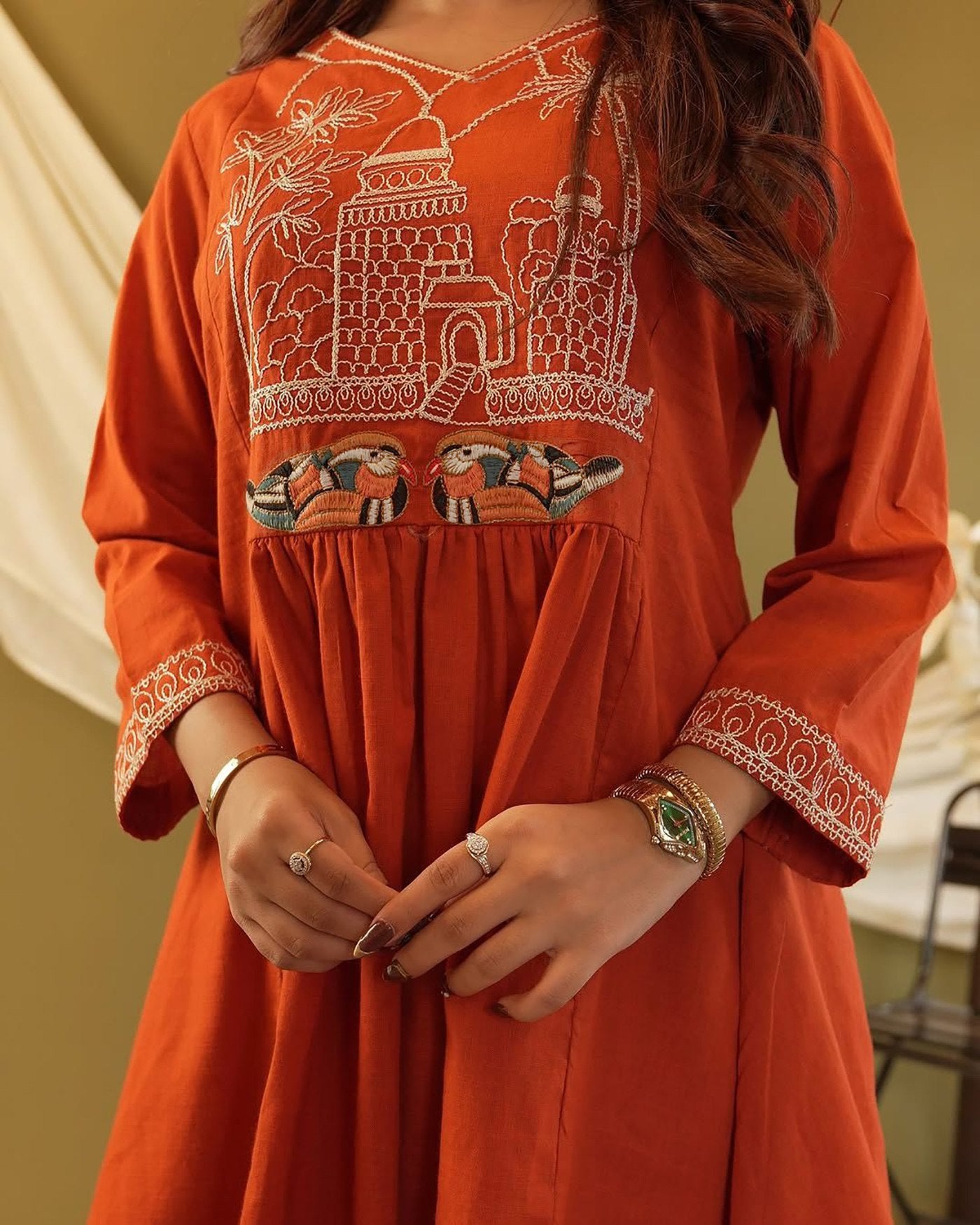 Orange Crepe Kurta Pant Co-Ord Set Embroidered Ethnic Wear
