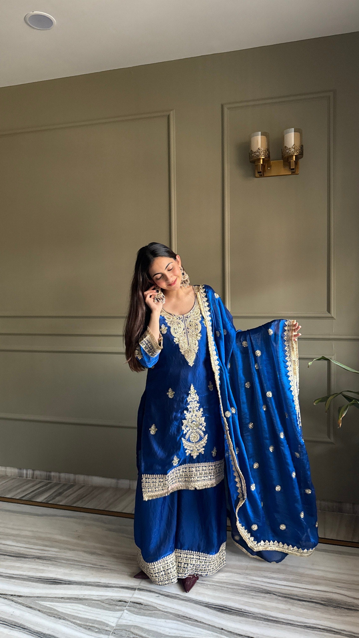 Pink & Dark Blue Fendi Satin Kurti Palazzo Set with Dupatta Embroidered Designer Wear