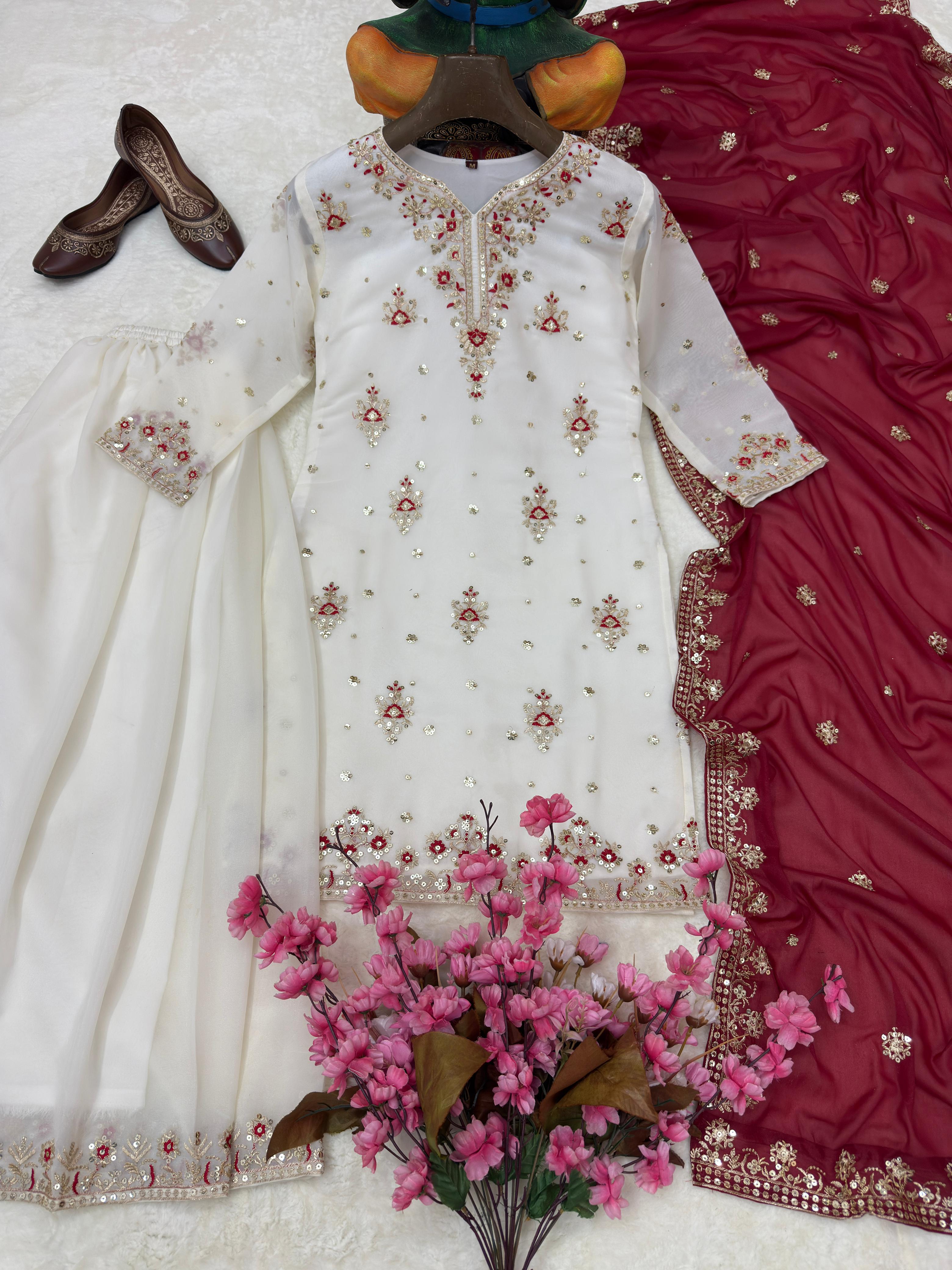 Off White & Black Georgette Kurti Palazzo Set with Dupatta Sequins Zari Work