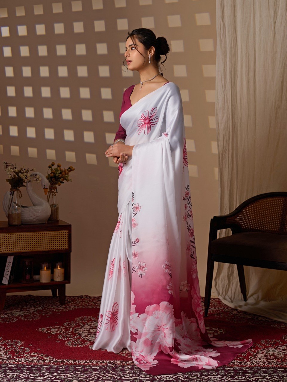 White & Pink Floral Satin Georgette Saree
