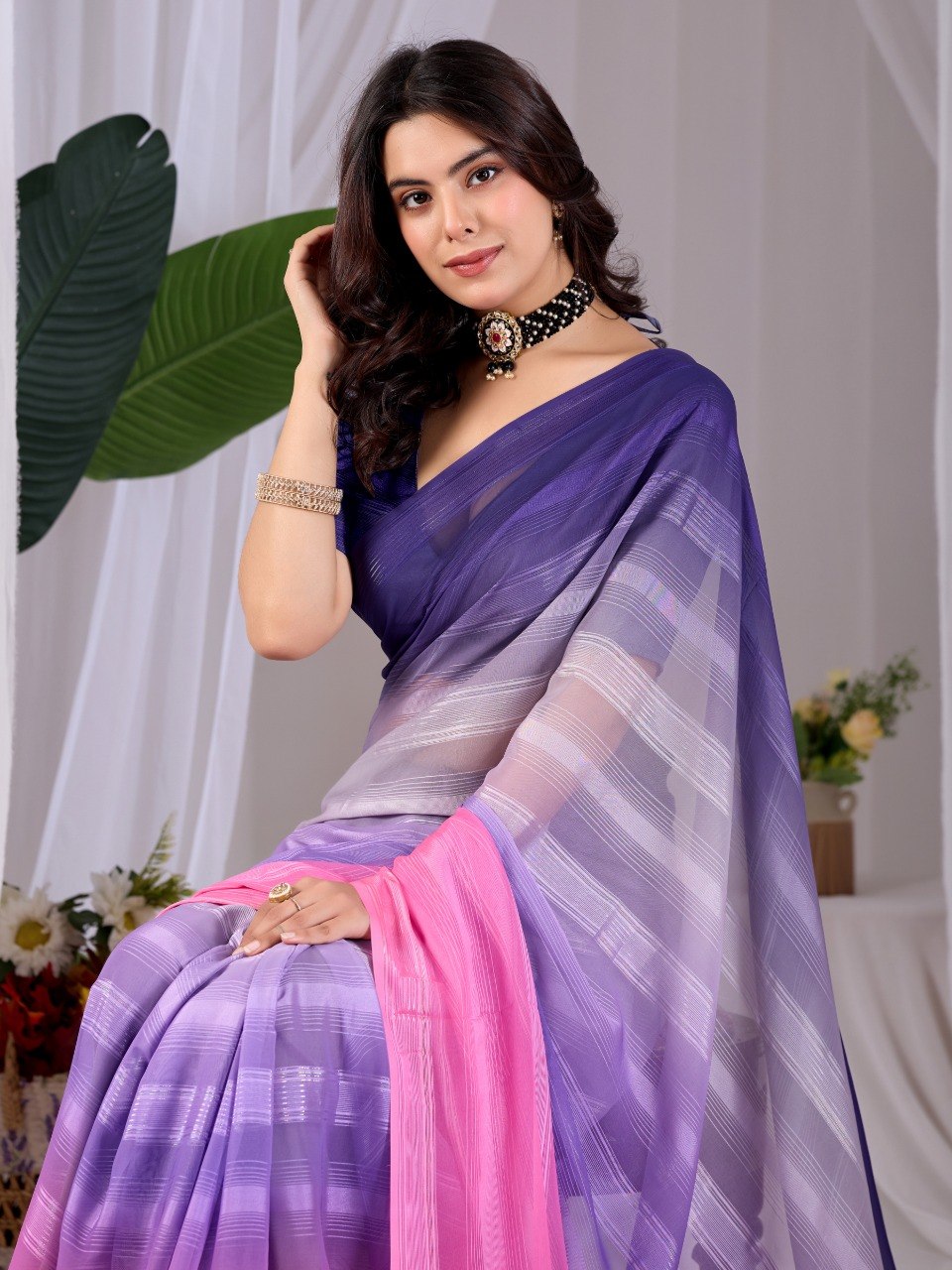 Purple Pink Dual Tone Monsoon Saree with Blouse Elegant Party Wear