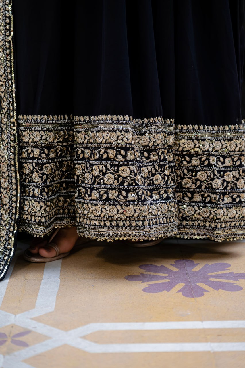 Black Faux Blooming Anarkali Gown with Dupatta Sequins Embroidery Party Wear