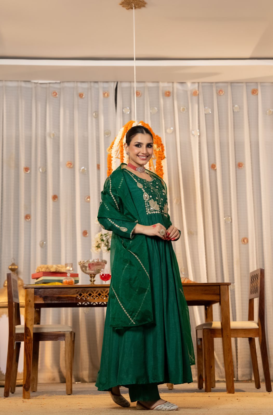 Orange & Green Chanderi Silk Kurti Set Women