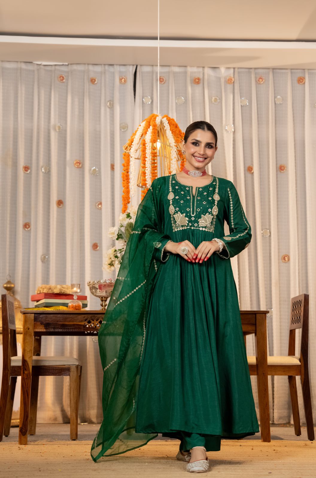 Orange & Green Chanderi Silk Kurti Set Women