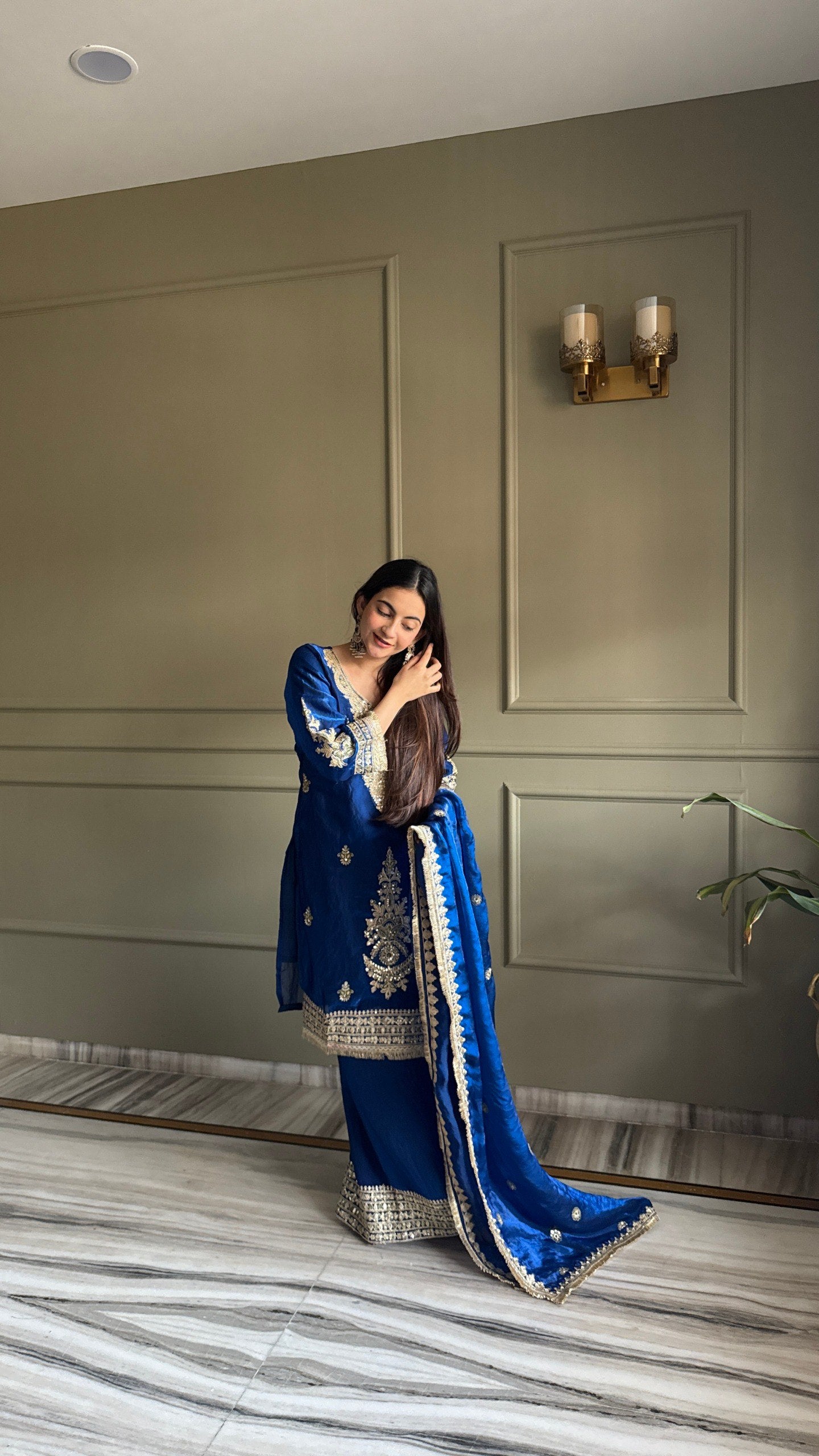 Pink & Dark Blue Fendi Satin Kurti Palazzo Set with Dupatta Embroidered Designer Wear
