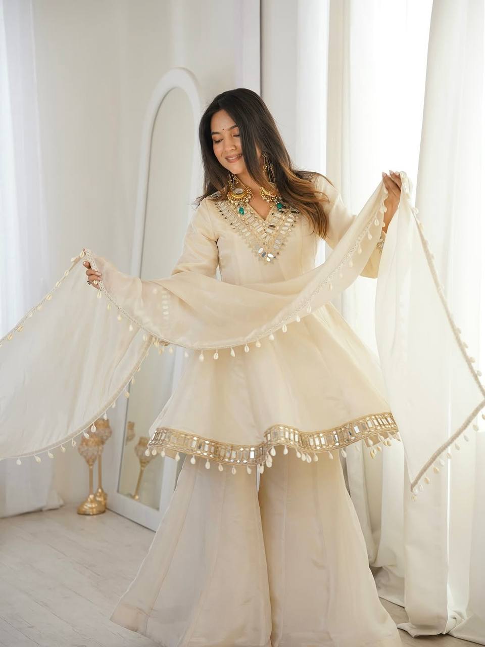 Off White Organza Silk Kurti Sharara Set with Dupatta Mirror Work Ethnic Wear
