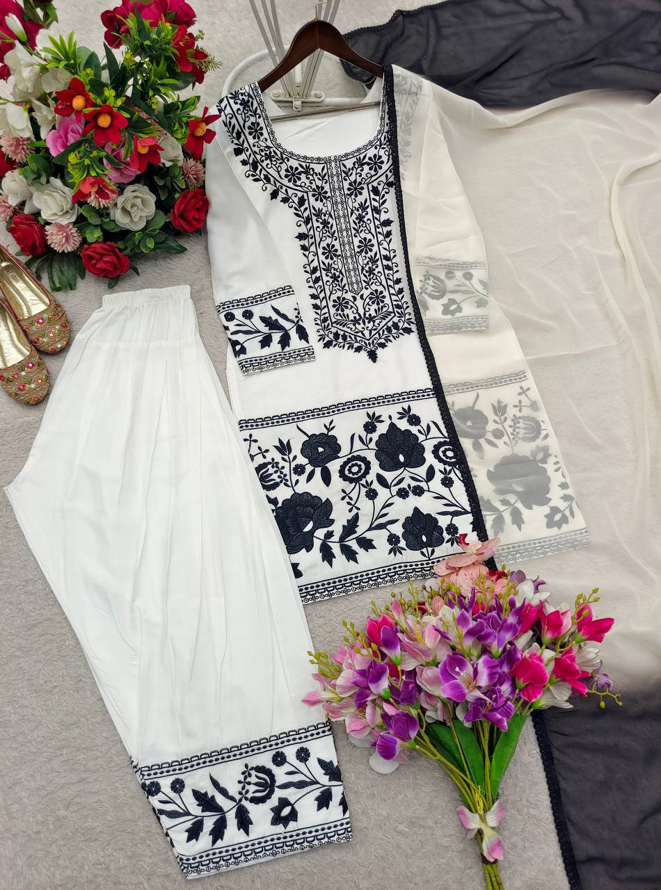 White Natural Crepe Kurti Farshi Palazzo Set with Georgette Dupatta Embroidered Ethnic Wear