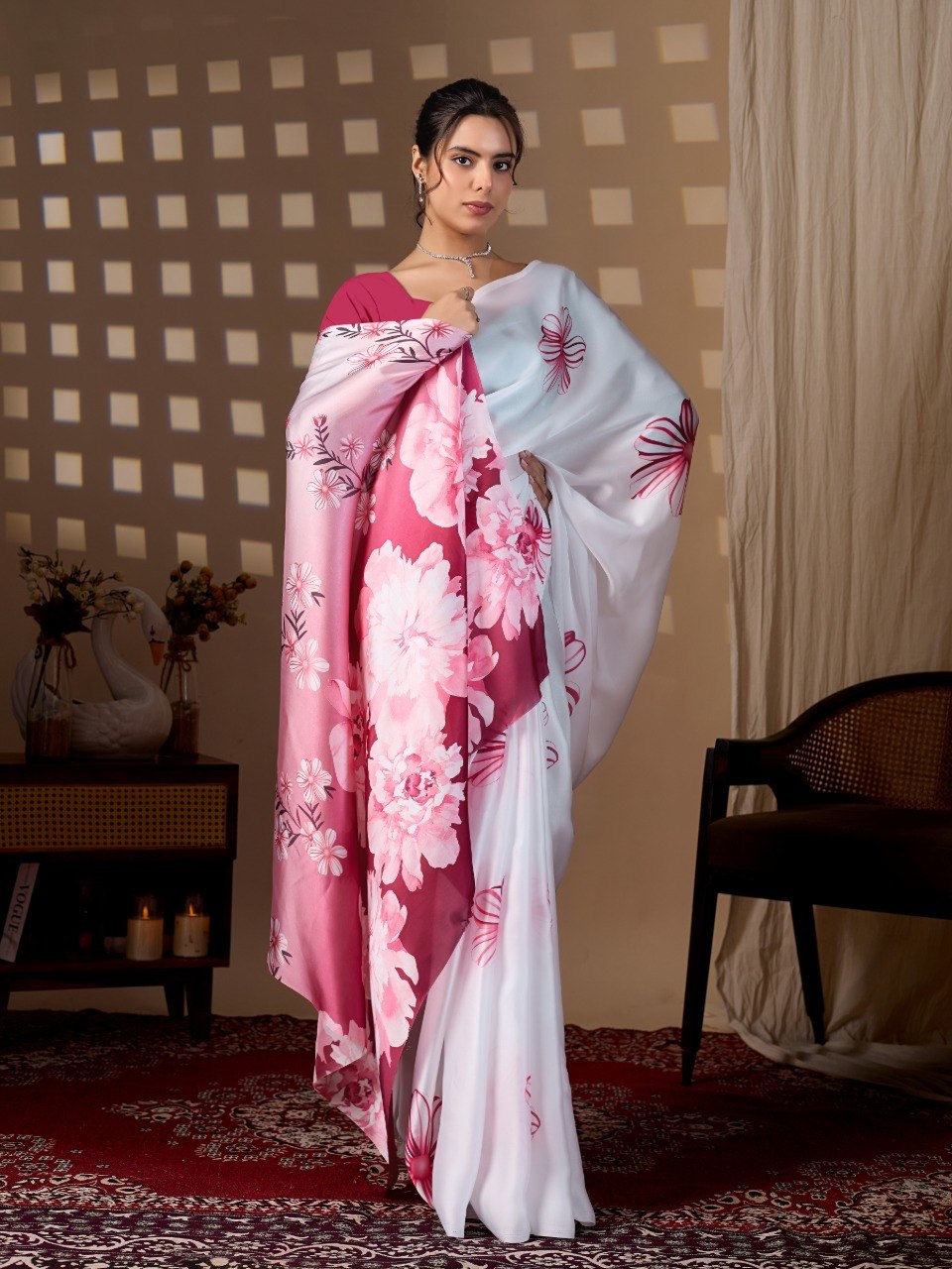 White & Pink Floral Satin Georgette Saree