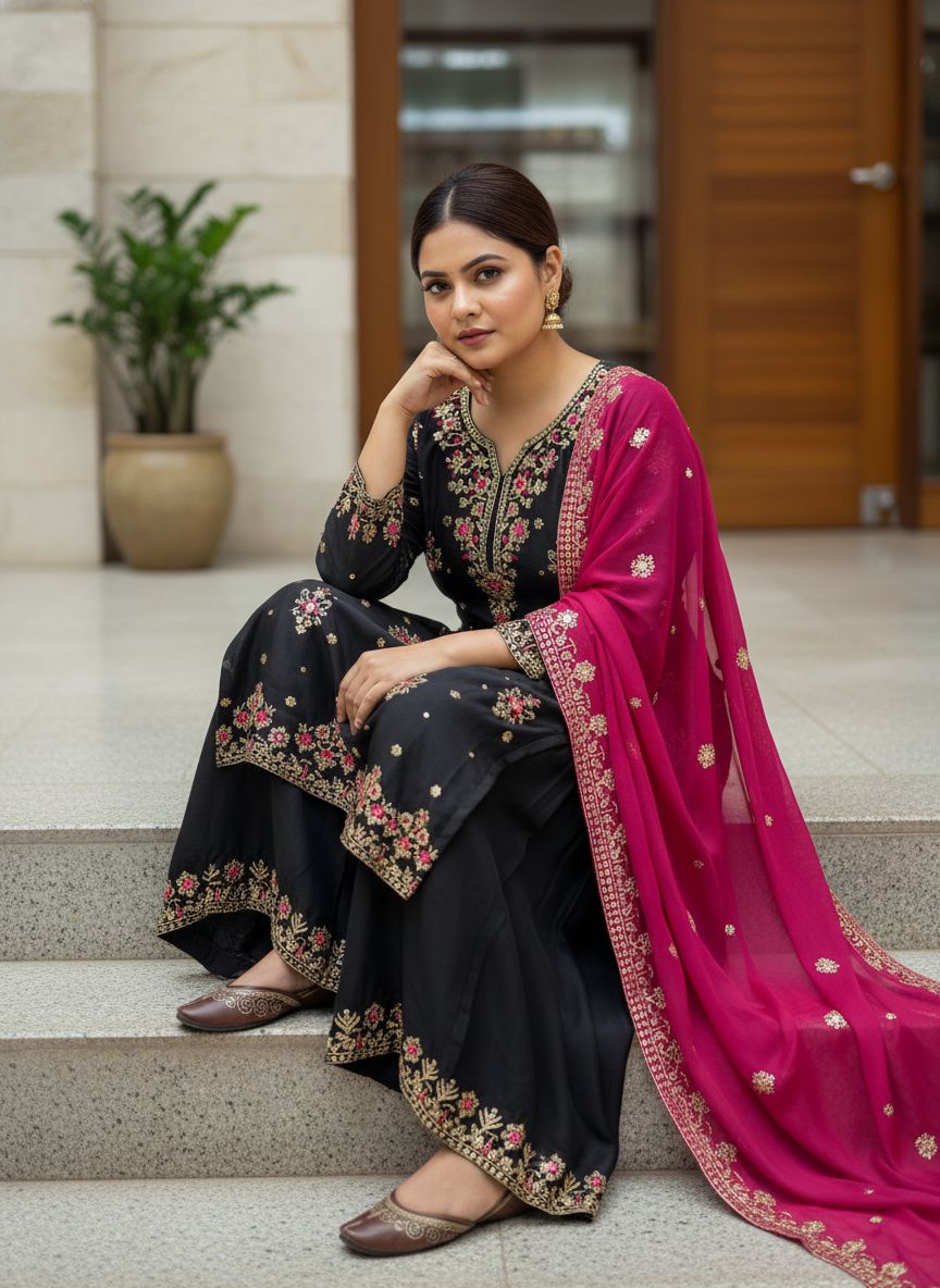 Off White & Black Georgette Kurti Palazzo Set with Dupatta Sequins Zari Work