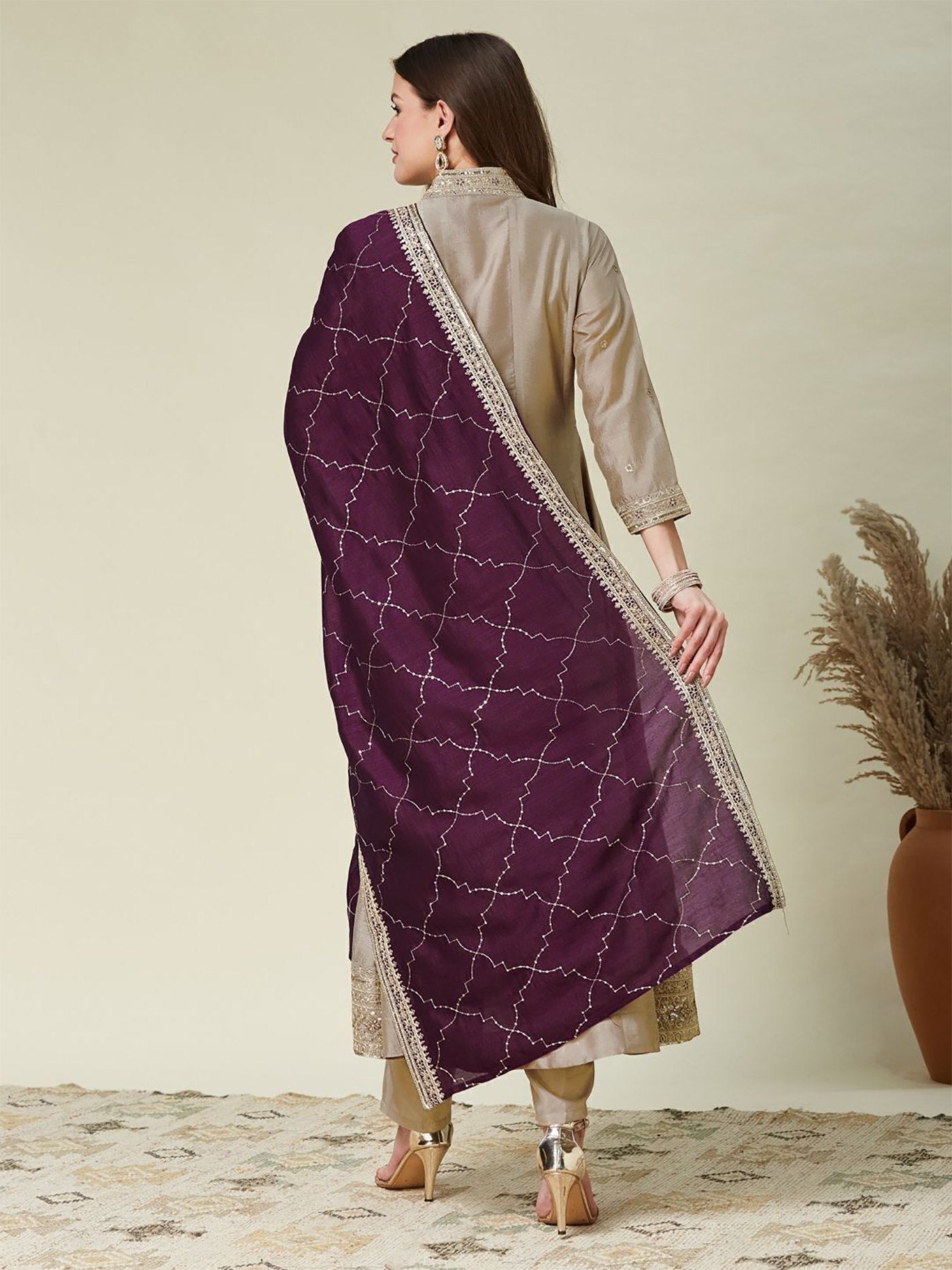 Beige Wine Vichitra Anarkali Kurti Set with Dupatta Embroidered Festive Wear