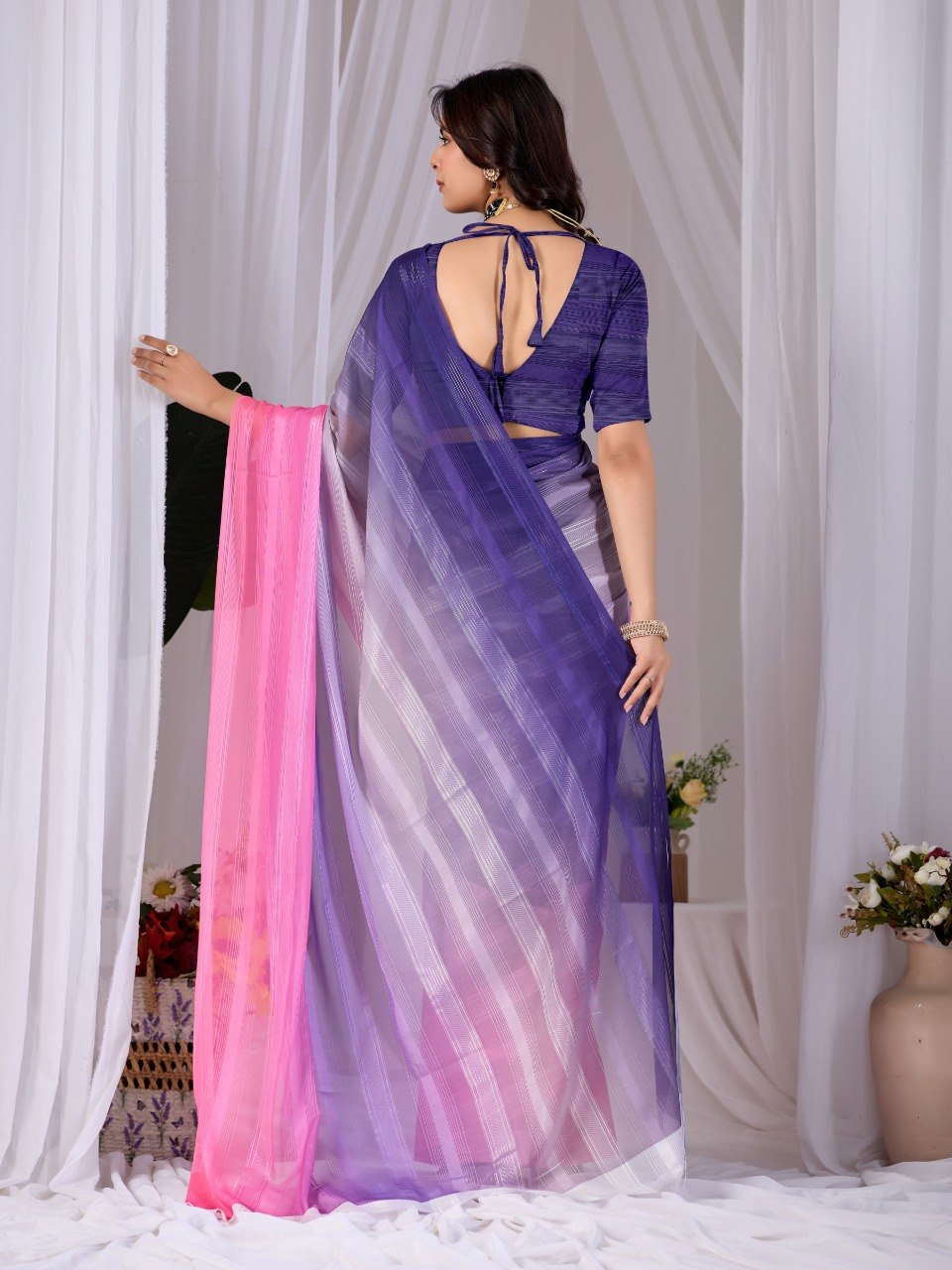 Purple Pink Dual Tone Monsoon Saree with Blouse Elegant Party Wear