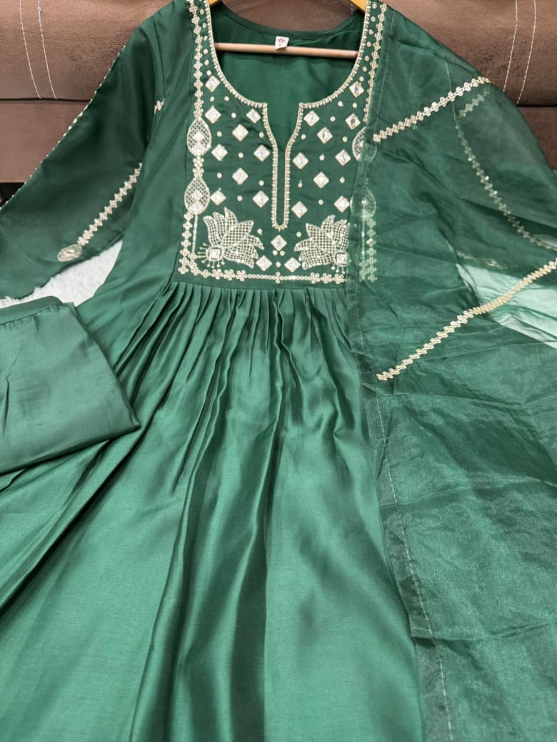 Orange & Green Chanderi Silk Kurti Set Women