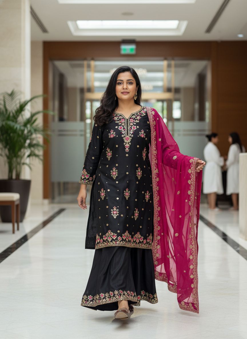 Off White & Black Georgette Kurti Palazzo Set with Dupatta Sequins Zari Work