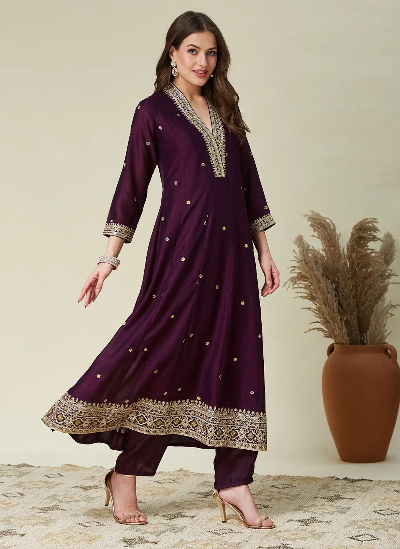 Beige Wine Vichitra Anarkali Kurti Set with Dupatta Embroidered Festive Wear