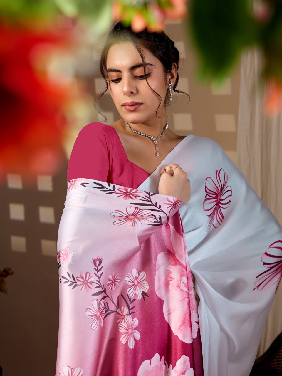 White & Pink Floral Satin Georgette Saree