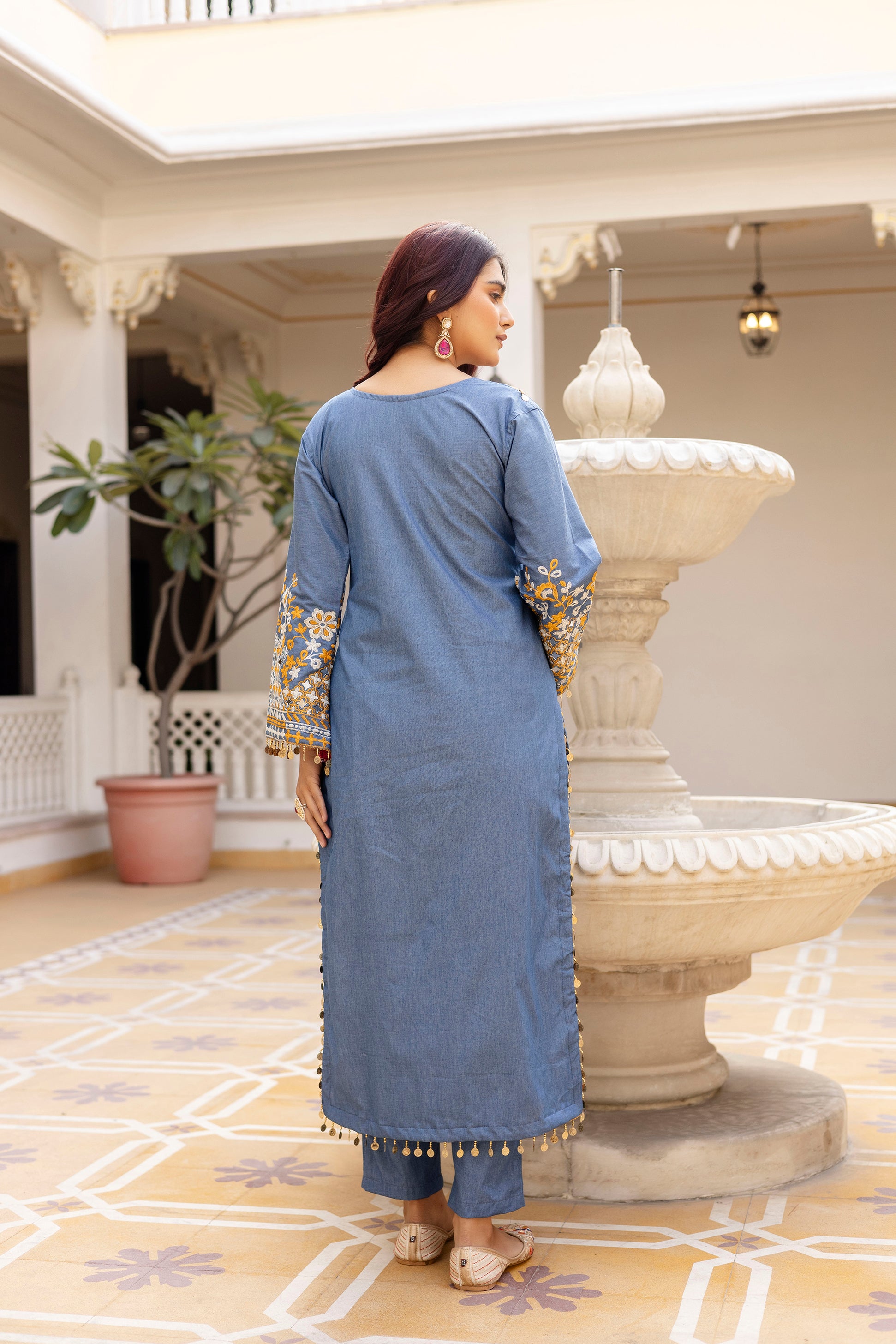 Blue Denim Cotton Kurti Set with Dupatta Embroidered Mirror Work Ethnic Wear
