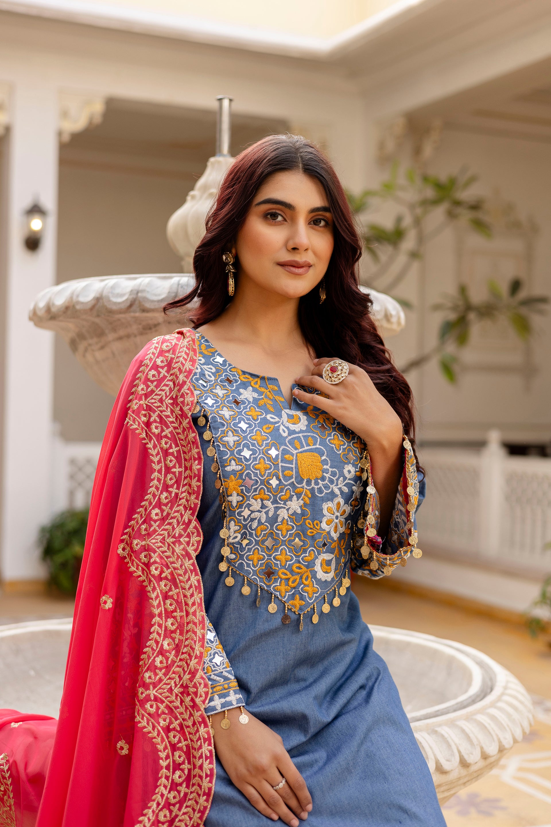 Blue Denim Cotton Kurti Set with Dupatta Embroidered Mirror Work Ethnic Wear