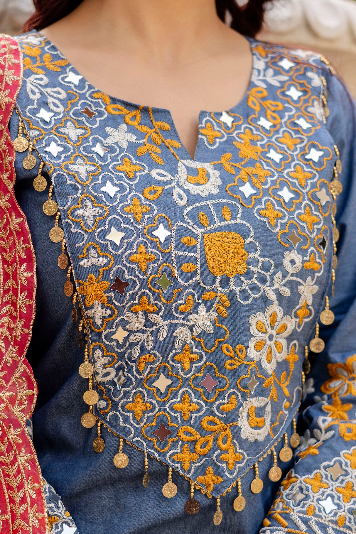 Blue Denim Cotton Kurti Set with Dupatta Embroidered Mirror Work Ethnic Wear