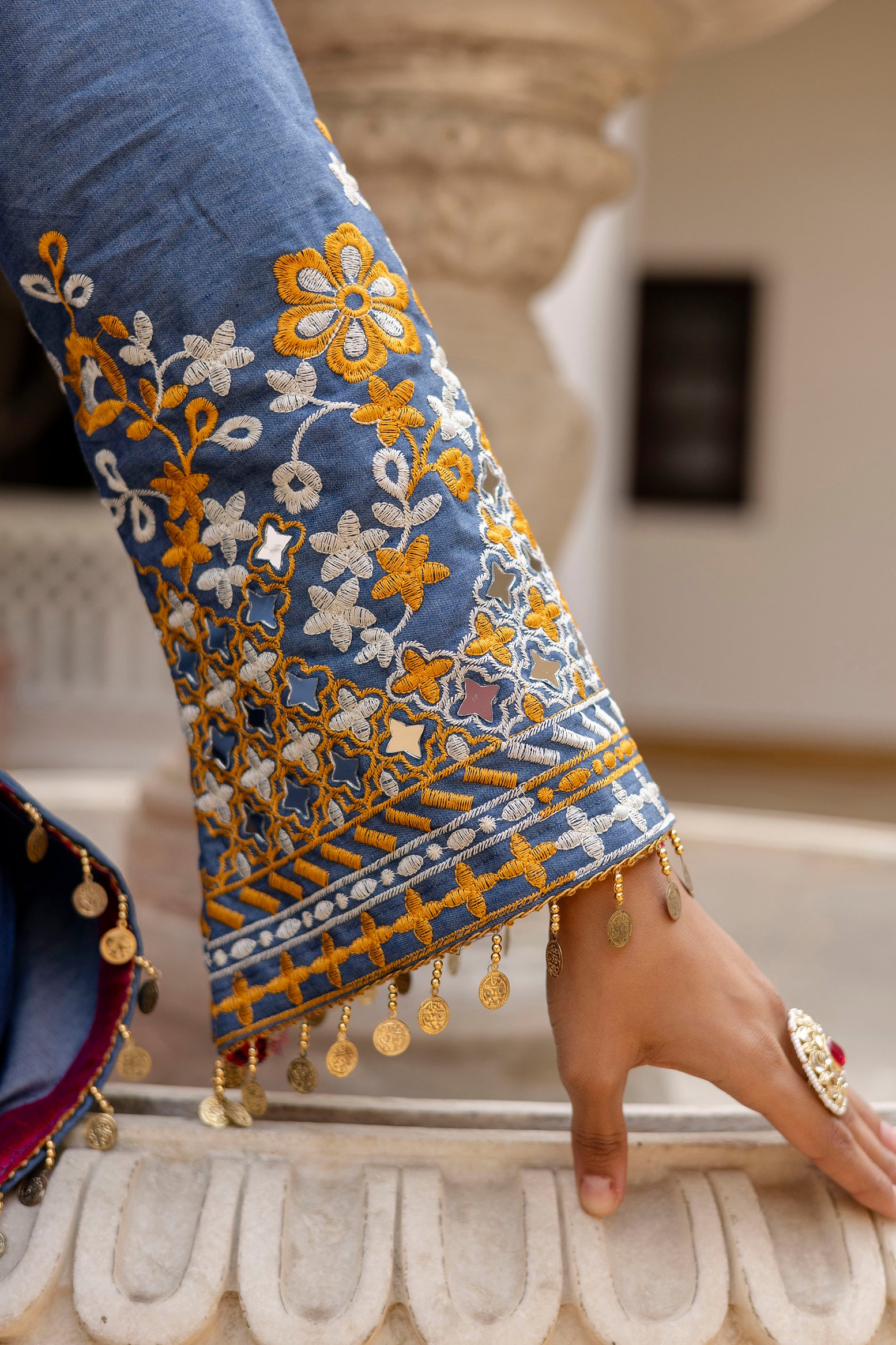 Blue Denim Cotton Kurti Set with Dupatta Embroidered Mirror Work Ethnic Wear