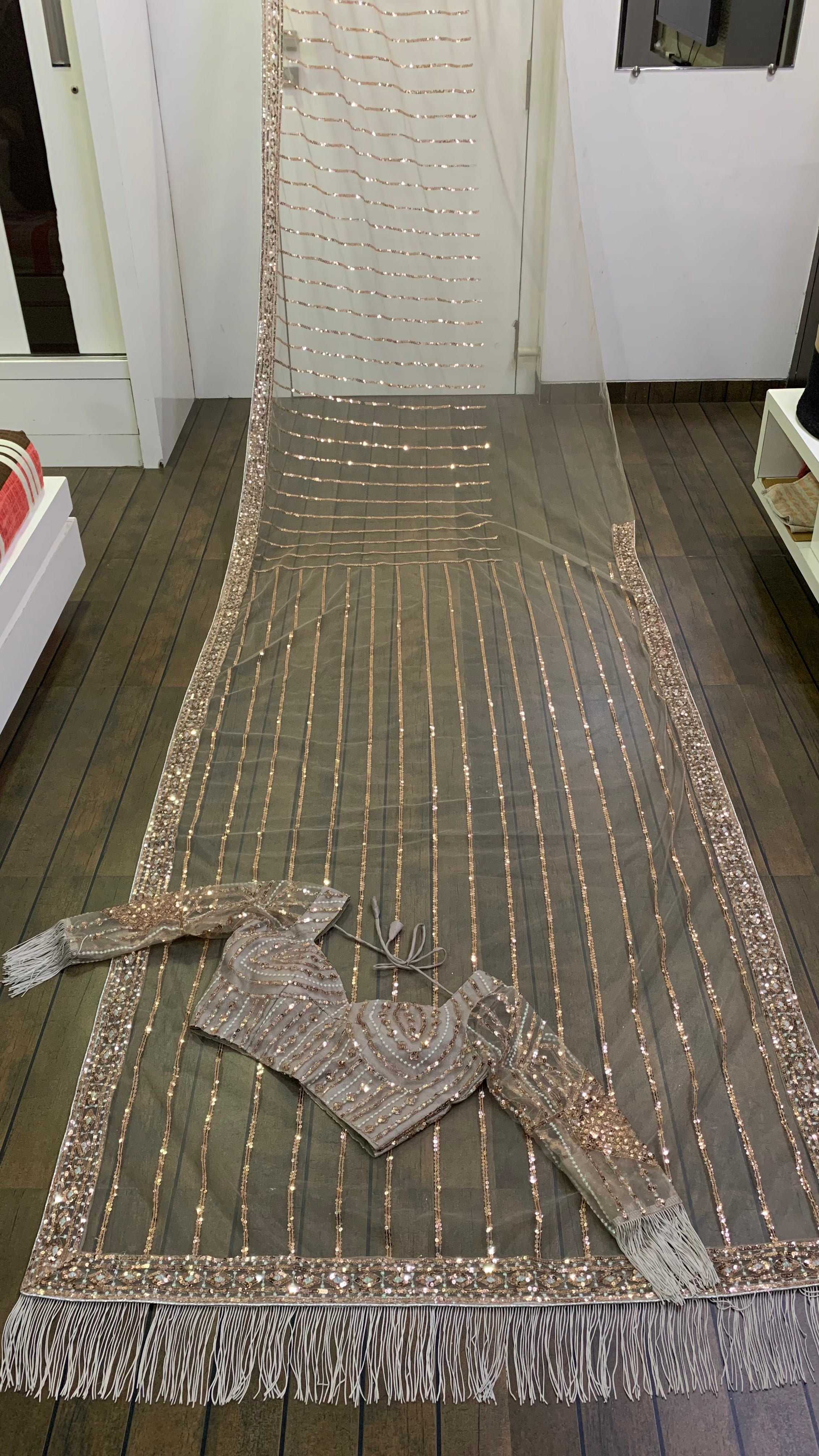 Brown Net Saree with Blouse Sequence Dori Zari Work Party Wear Saree