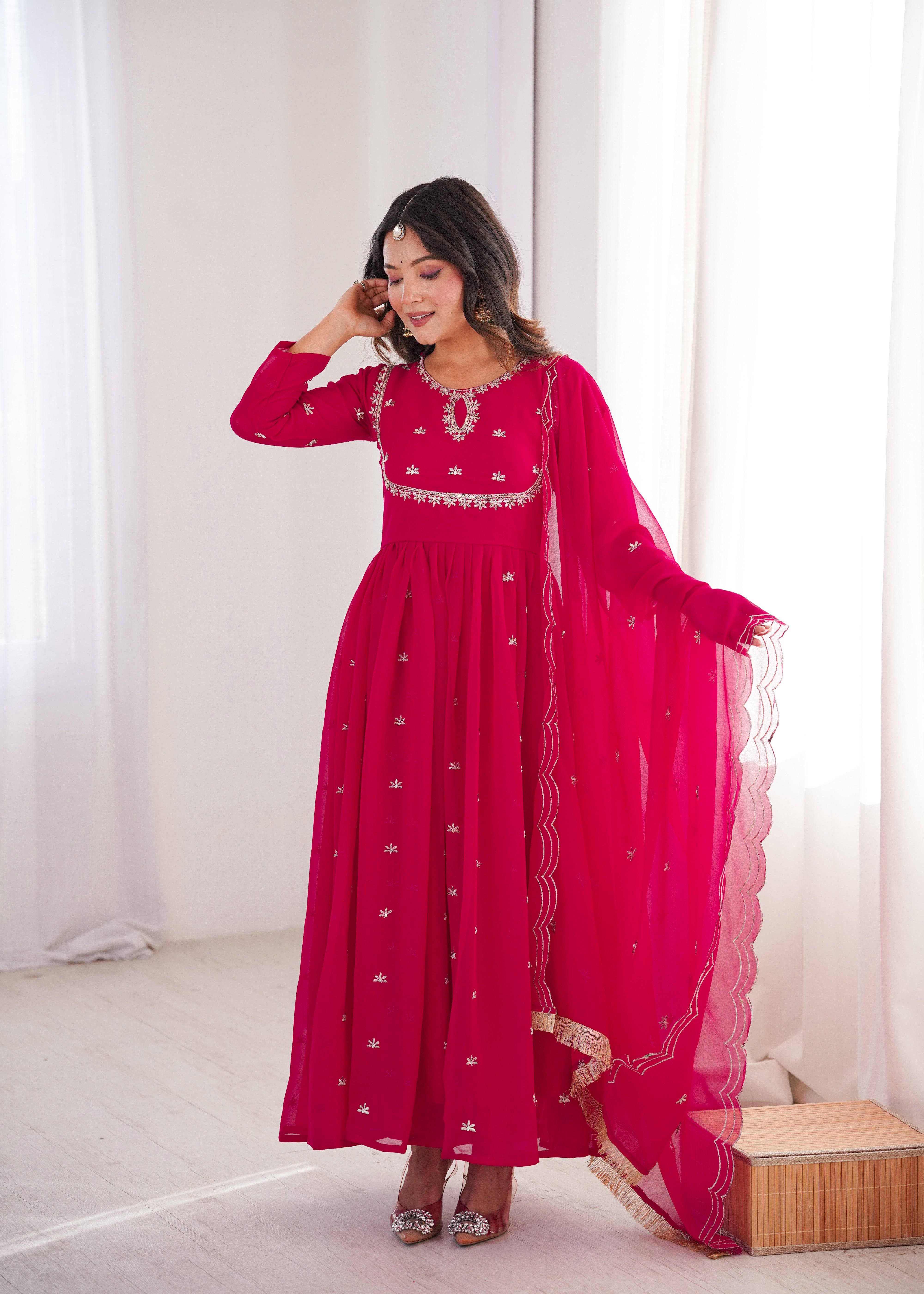 Rani Pink Georgette Gown Set with Dupatta Sequence Embroidery Wedding Wear