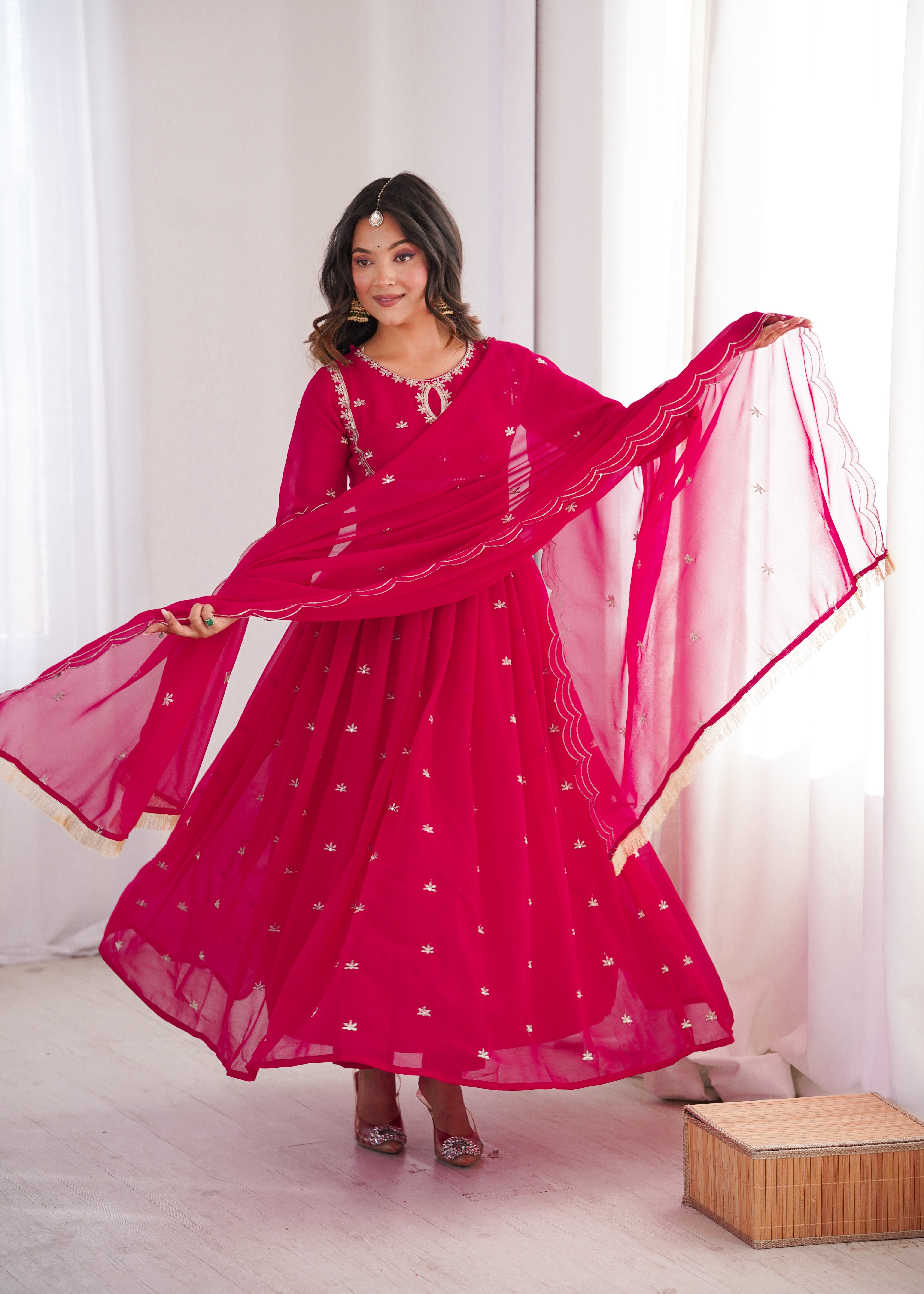 Rani Pink Georgette Gown Set with Dupatta Sequence Embroidery Wedding Wear