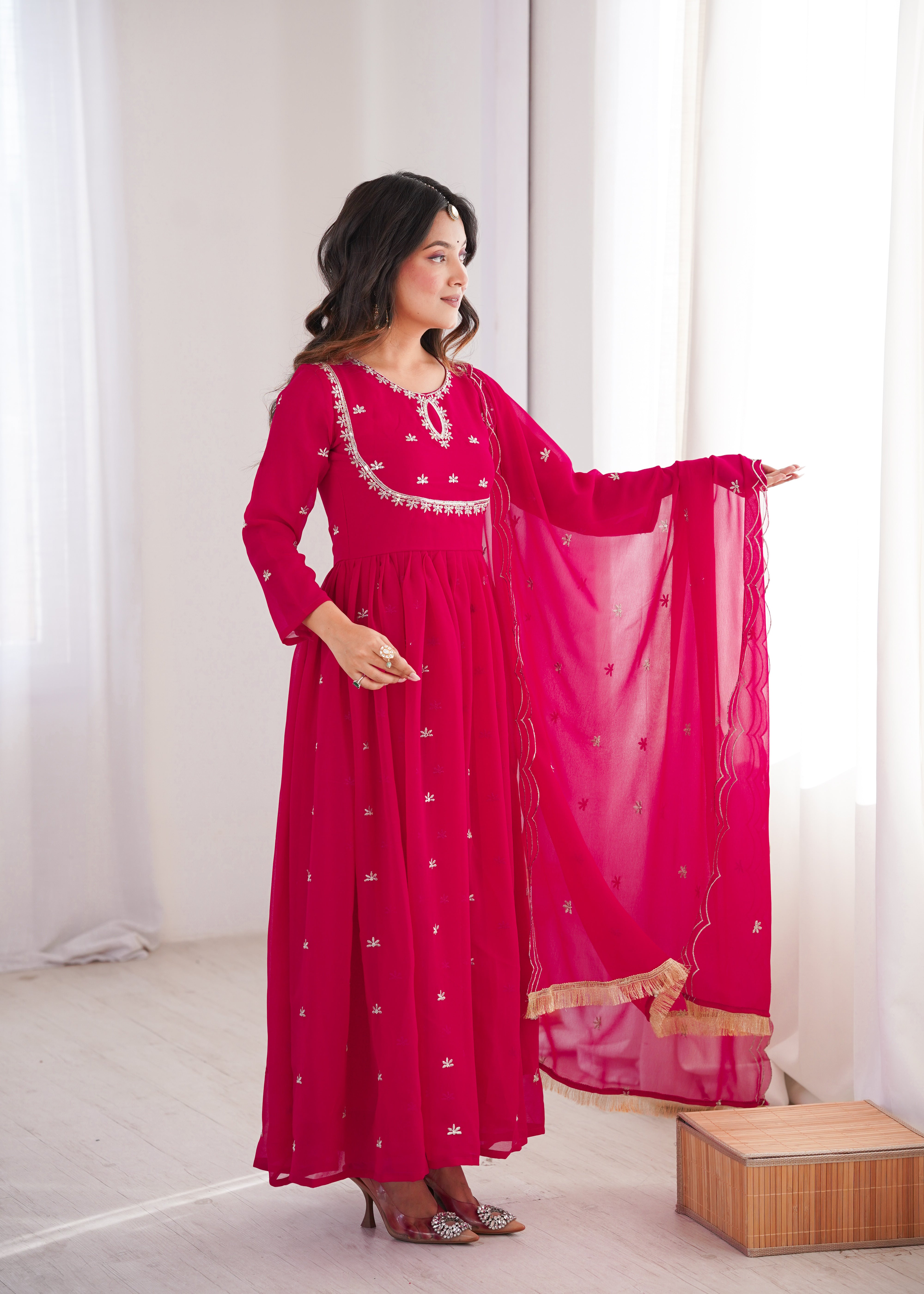 Rani Pink Georgette Gown Set with Dupatta Sequence Embroidery Wedding Wear