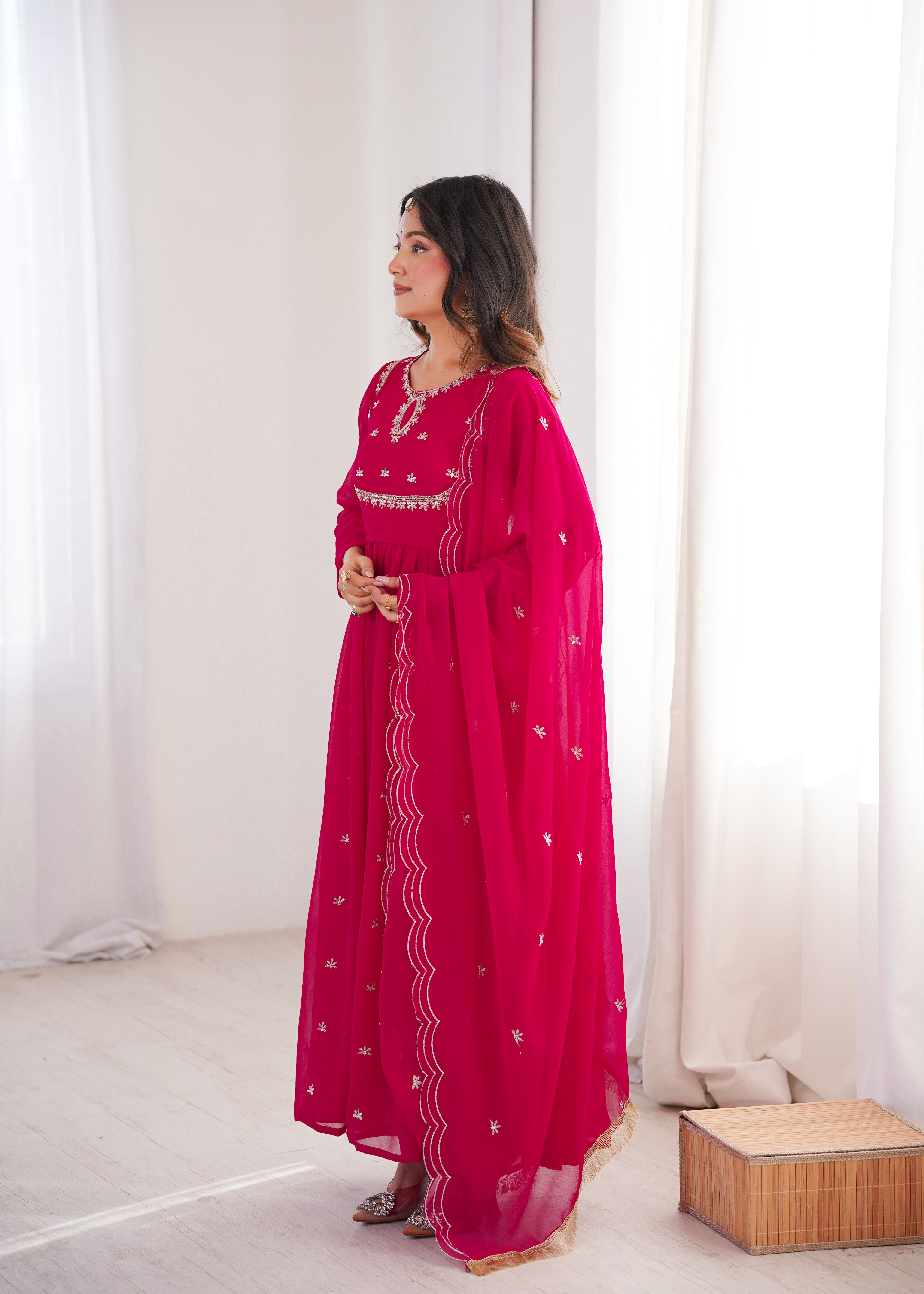 Rani Pink Georgette Gown Set with Dupatta Sequence Embroidery Wedding Wear