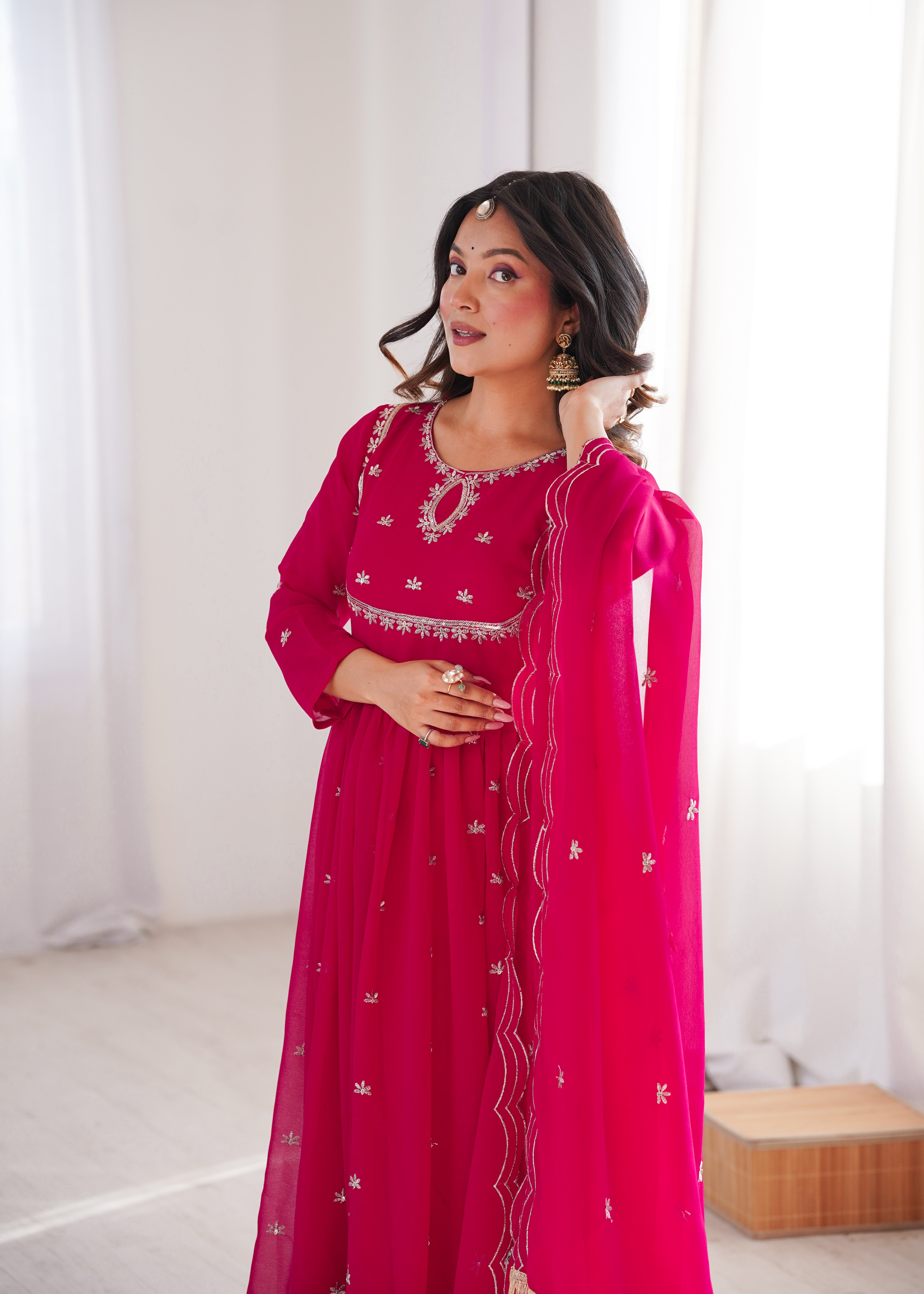 Rani Pink Georgette Gown Set with Dupatta Sequence Embroidery Wedding Wear