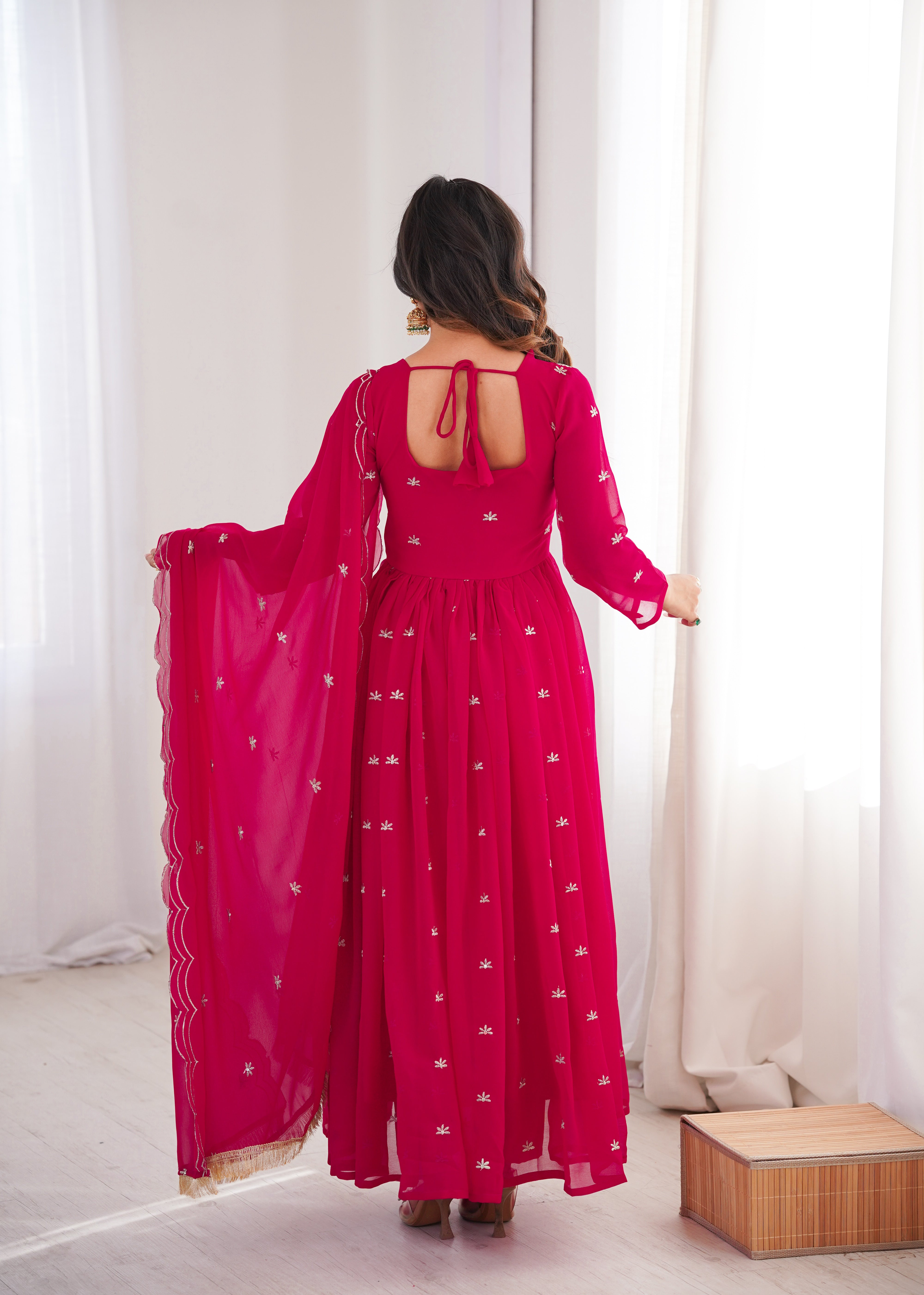 Rani Pink Georgette Gown Set with Dupatta Sequence Embroidery Wedding Wear