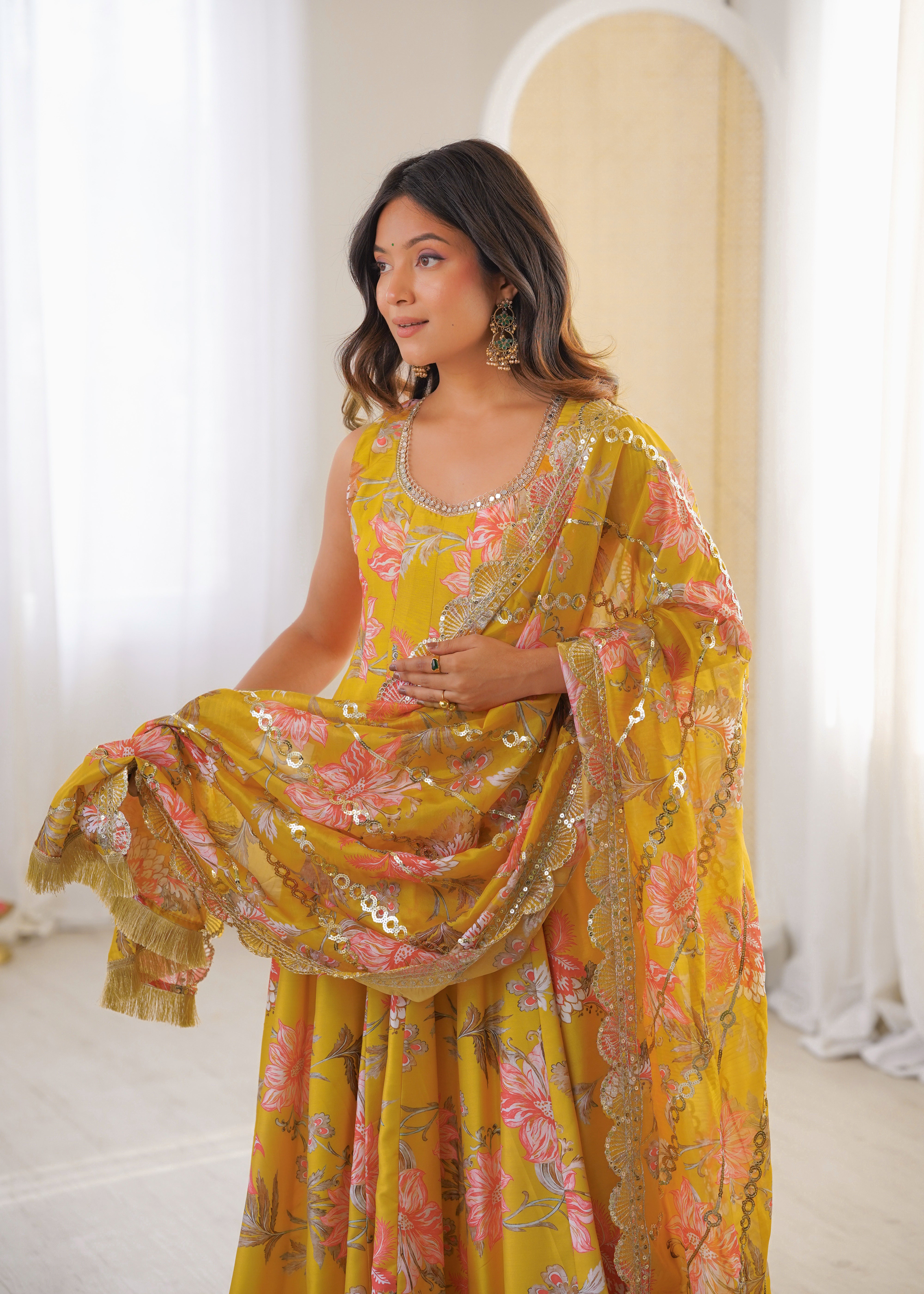 Sky Green & Chiku Muslin Floral Anarkali Gown Set with Organza Dupatta Festive Wear