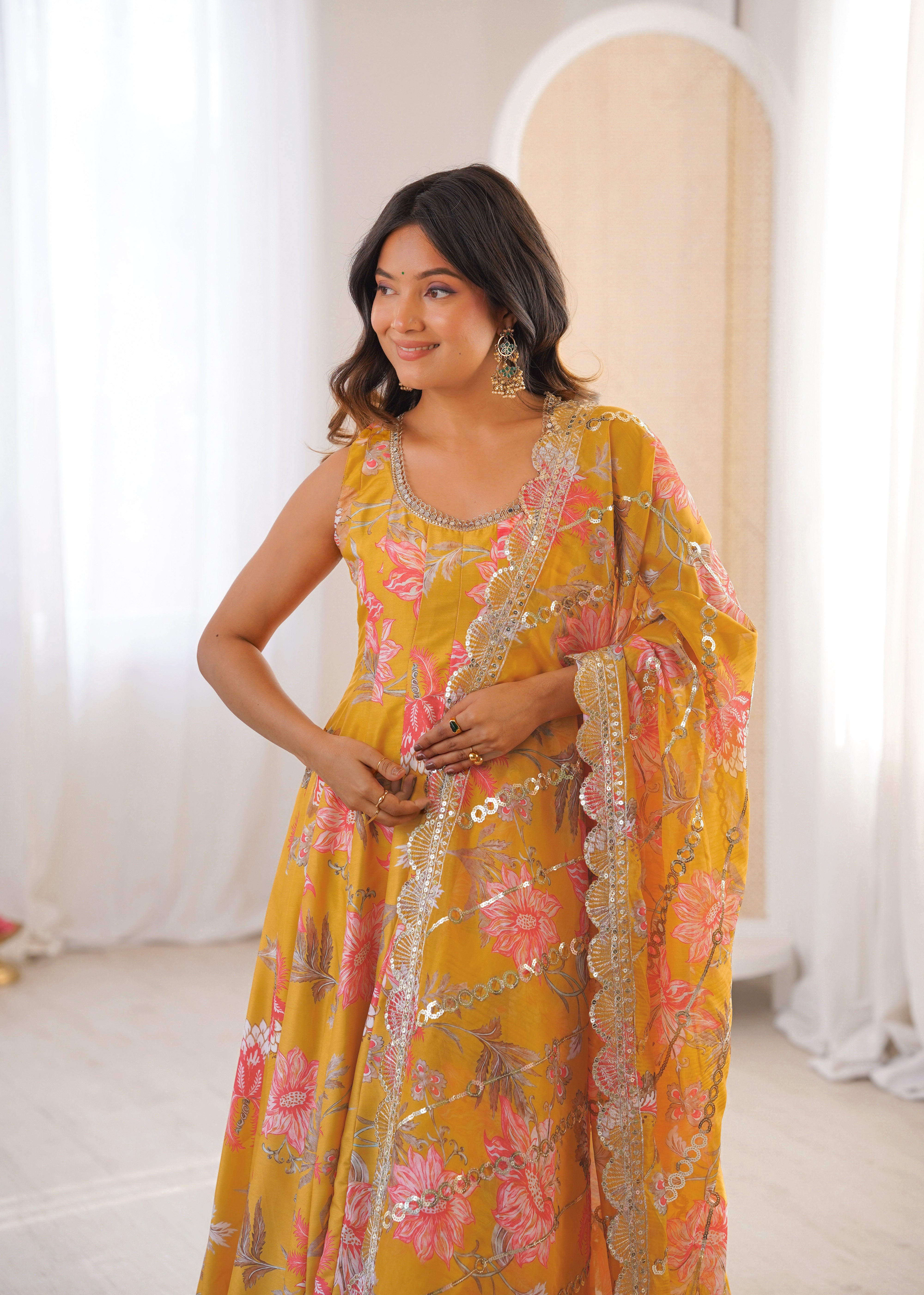 Sky Green & Chiku Muslin Floral Anarkali Gown Set with Organza Dupatta Festive Wear