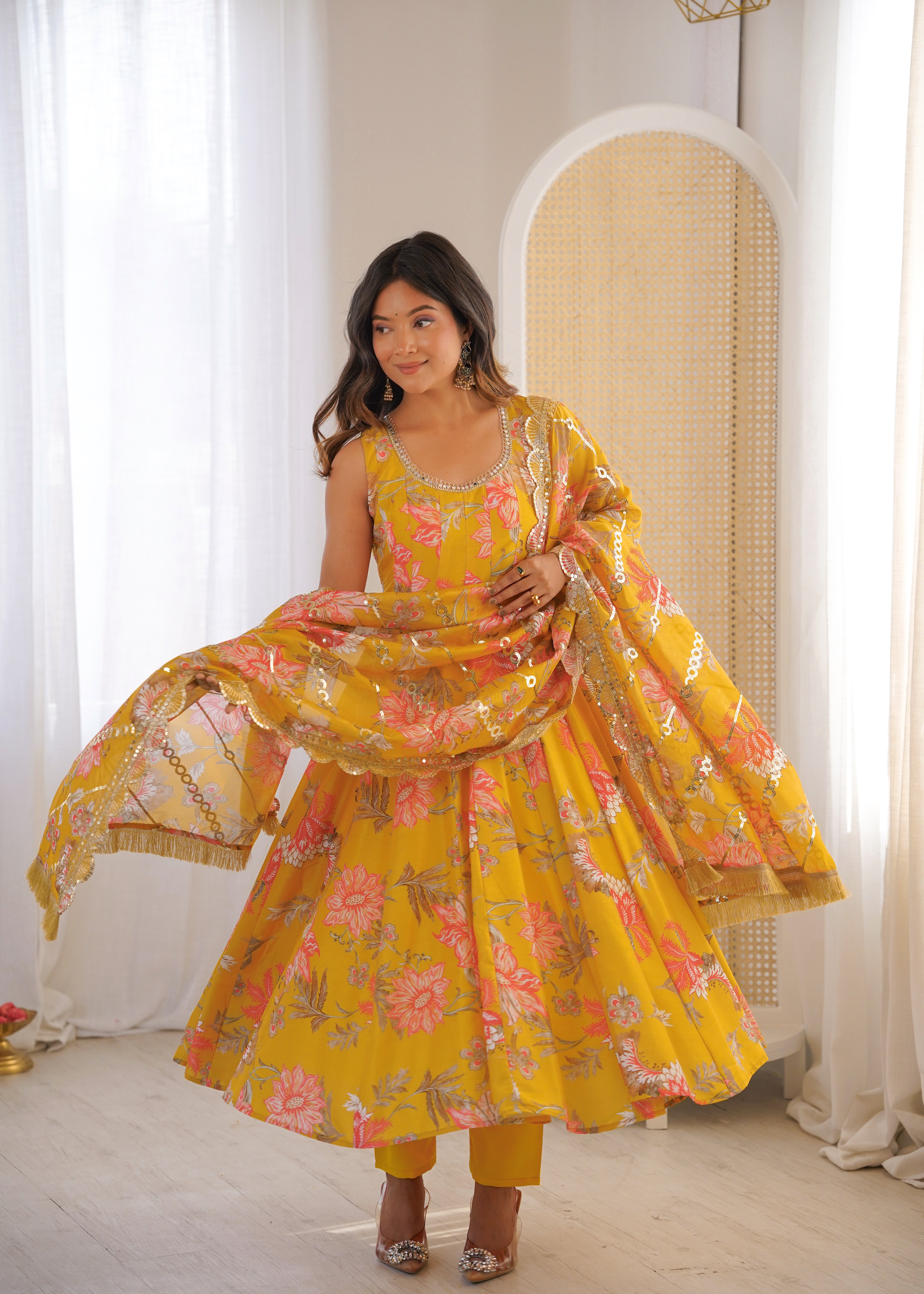Sky Green & Chiku Muslin Floral Anarkali Gown Set with Organza Dupatta Festive Wear