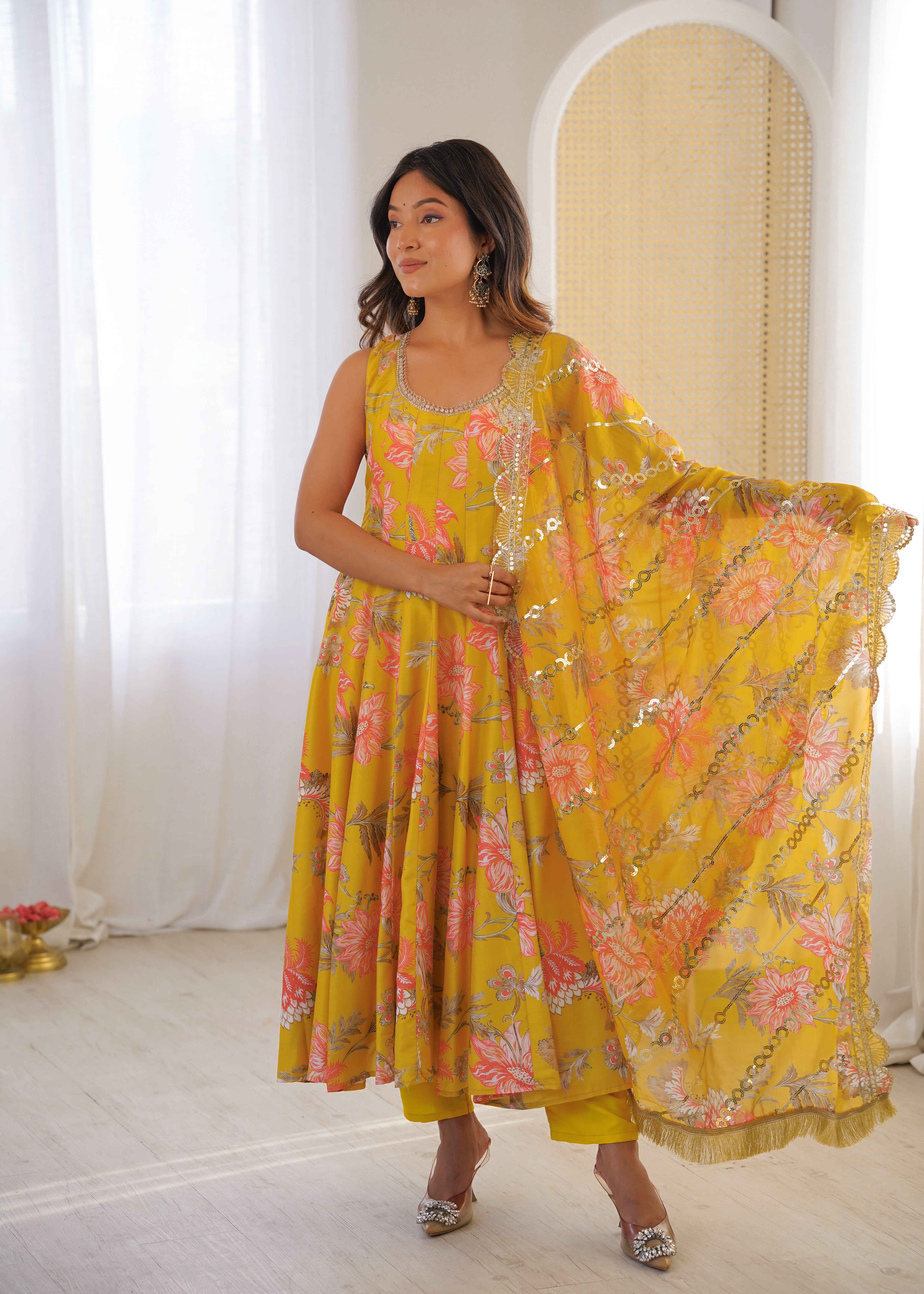 Sky Green & Chiku Muslin Floral Anarkali Gown Set with Organza Dupatta Festive Wear