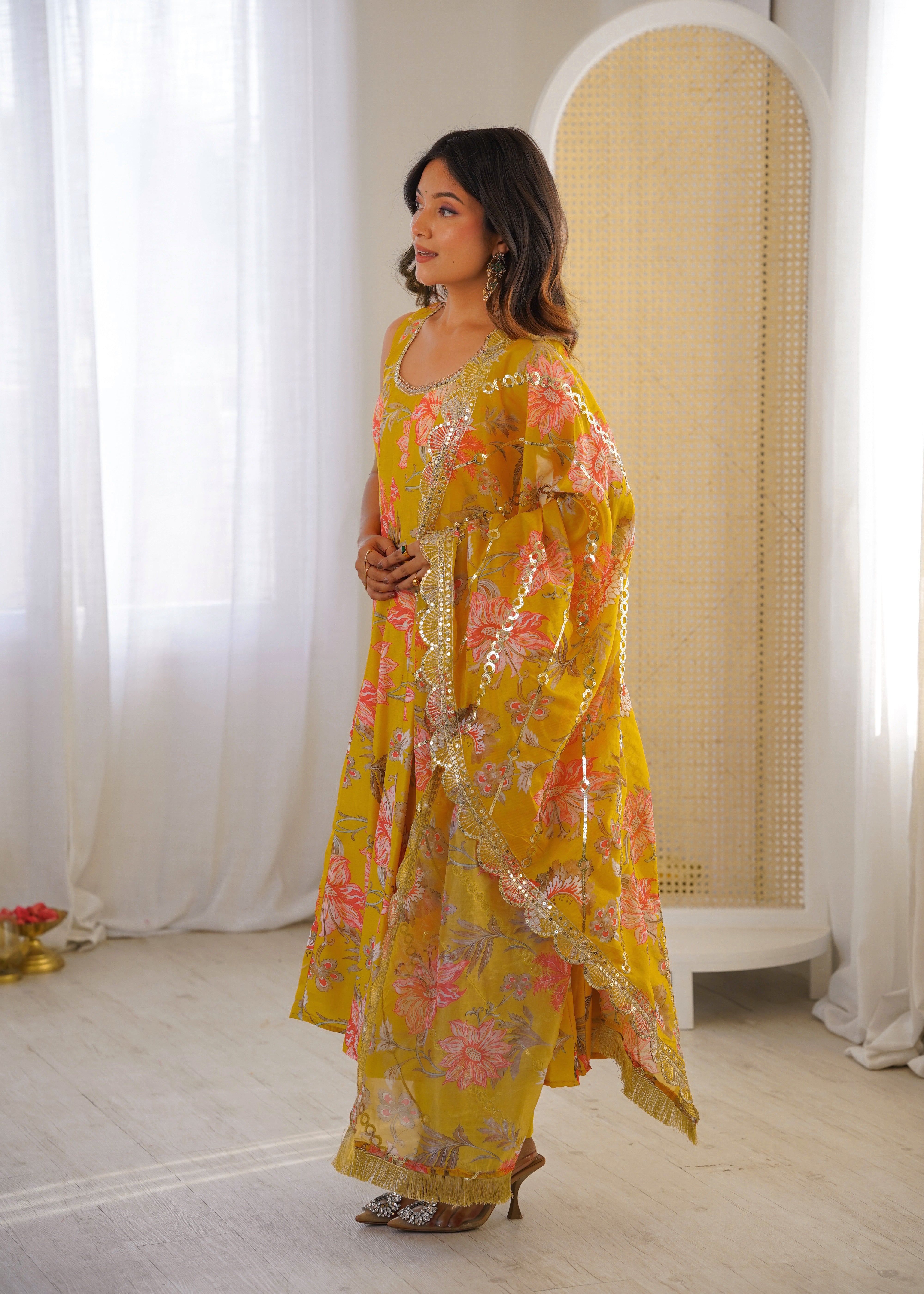 Sky Green & Chiku Muslin Floral Anarkali Gown Set with Organza Dupatta Festive Wear