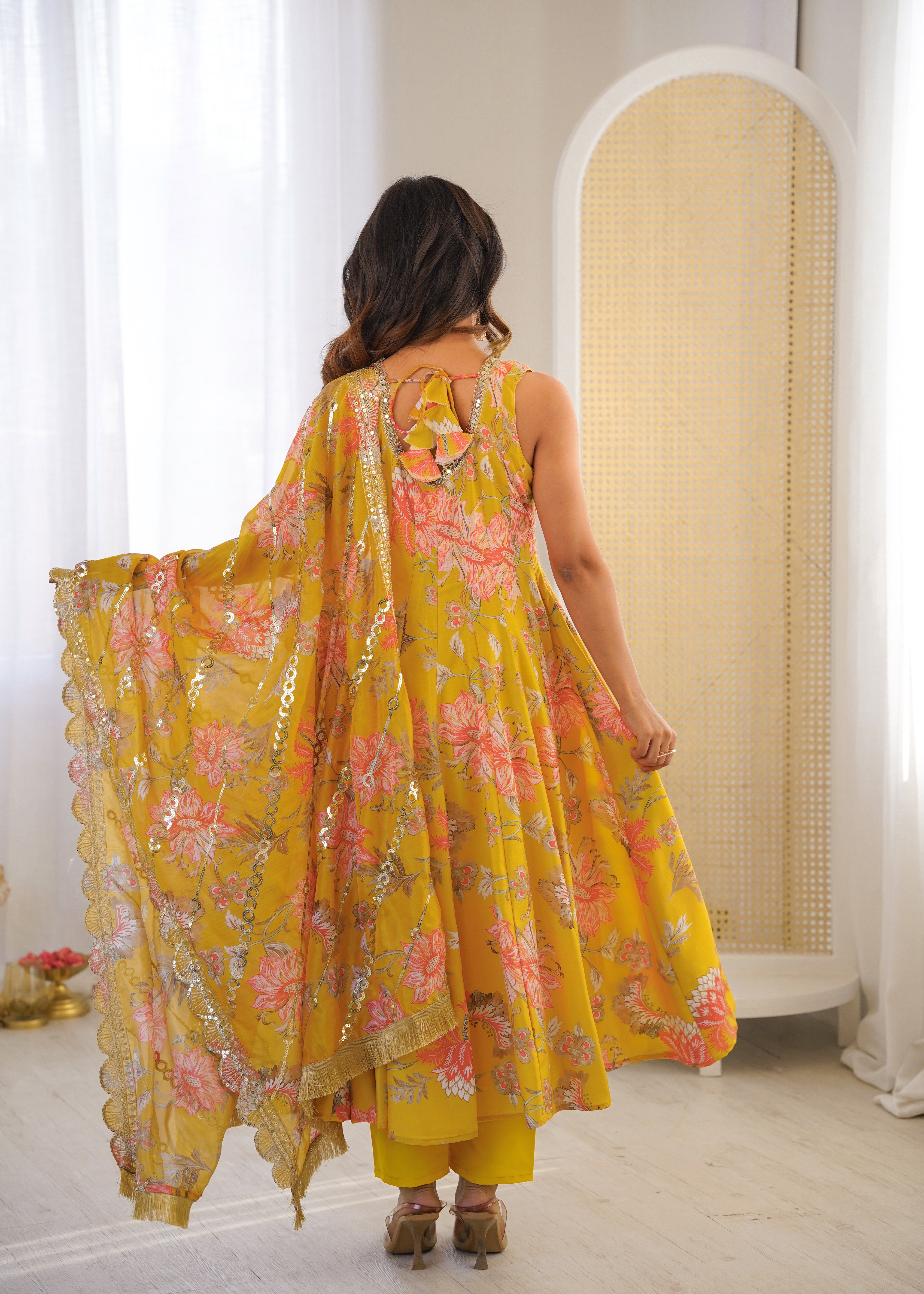 Sky Green & Chiku Muslin Floral Anarkali Gown Set with Organza Dupatta Festive Wear