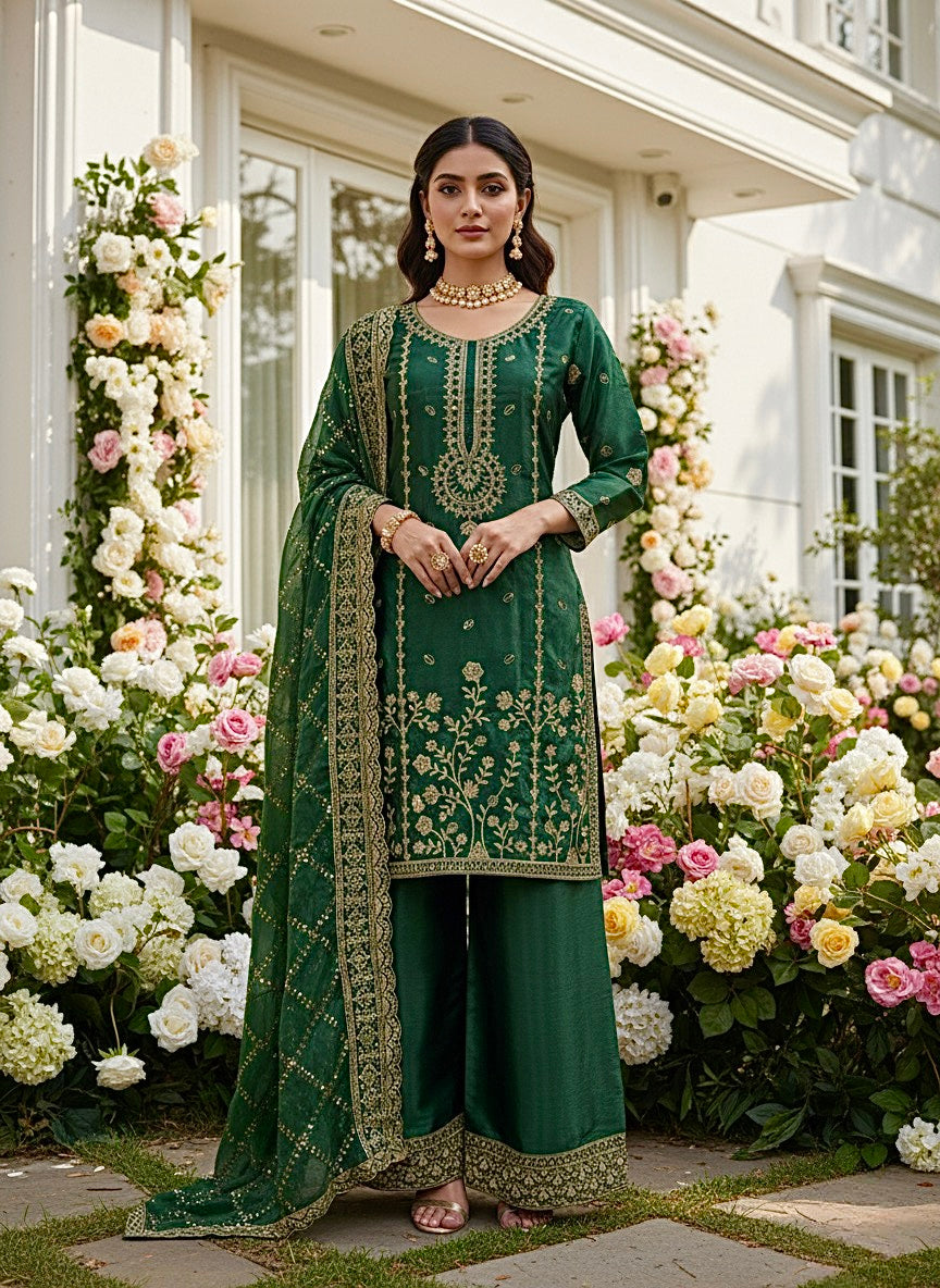 GMY Silk Kurti Palazzo Set with Dupatta Heavy Embroidery Sequins Work Ethnic Wear