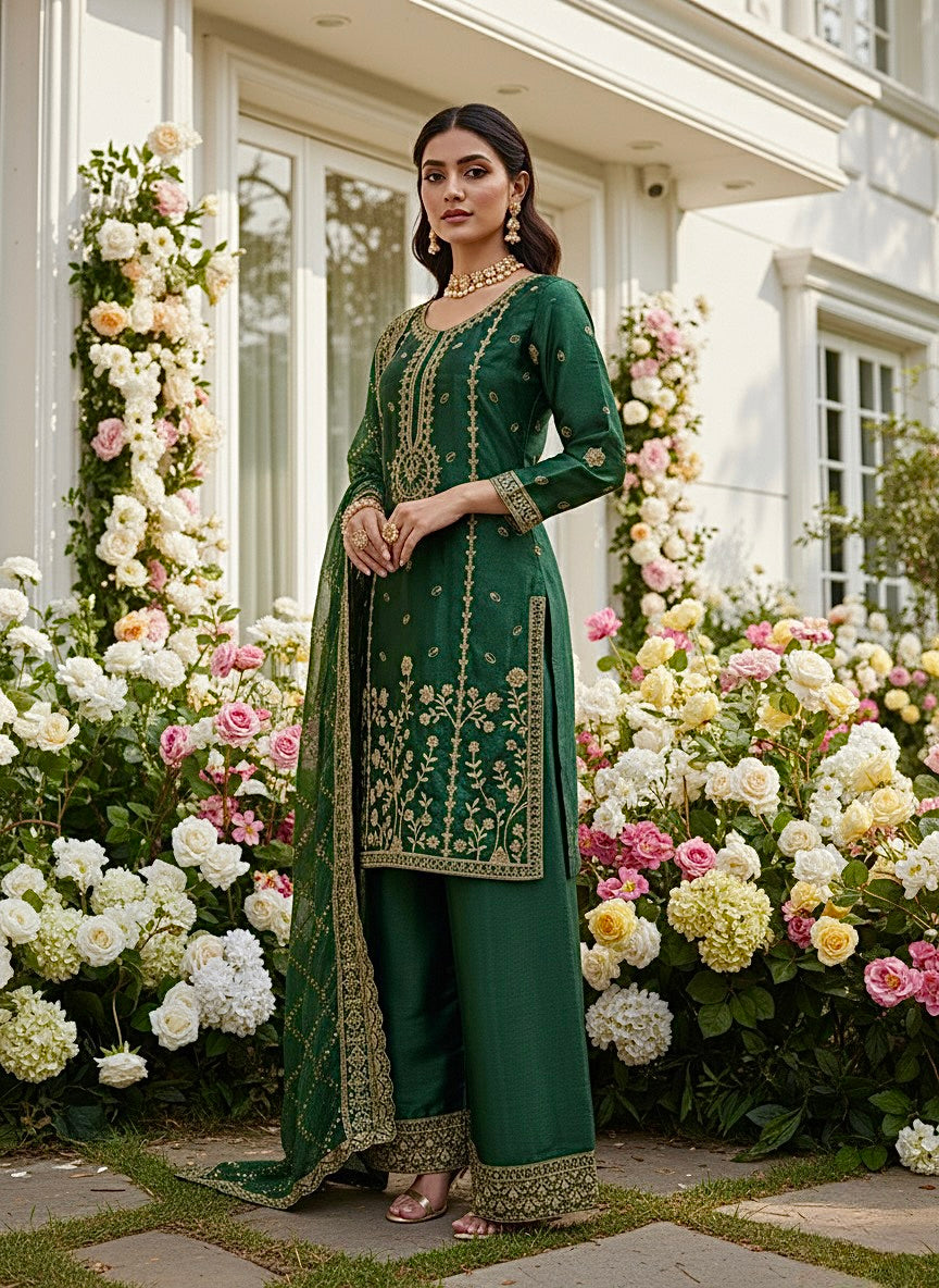 GMY Silk Kurti Palazzo Set with Dupatta Heavy Embroidery Sequins Work Ethnic Wear
