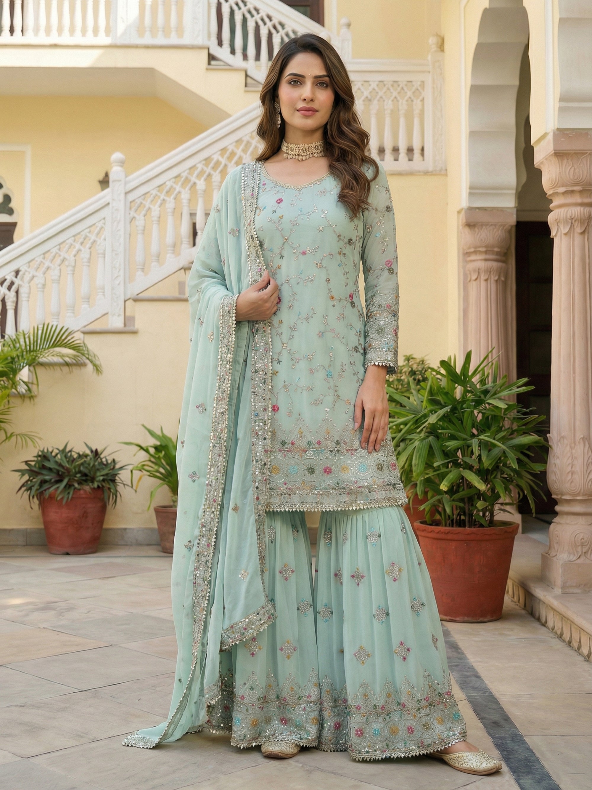 Mint Elegance Embroidered Sharara Set