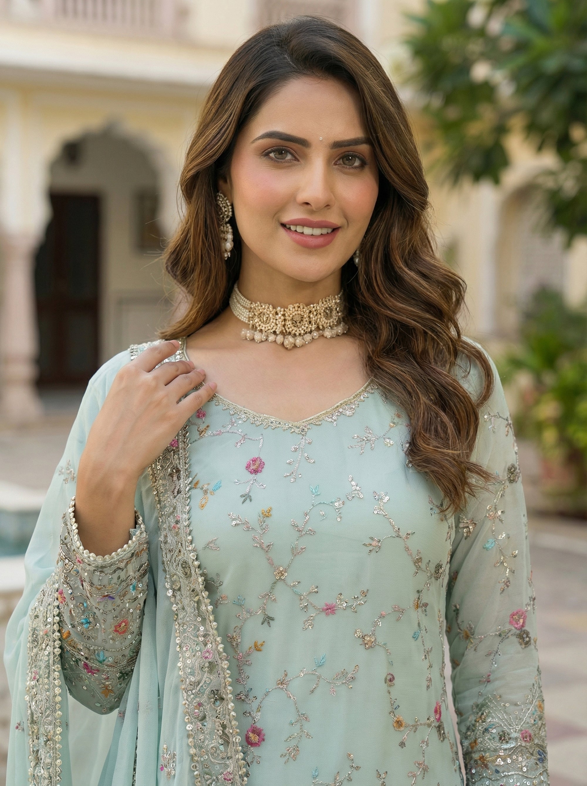 Mint Elegance Embroidered Sharara Set