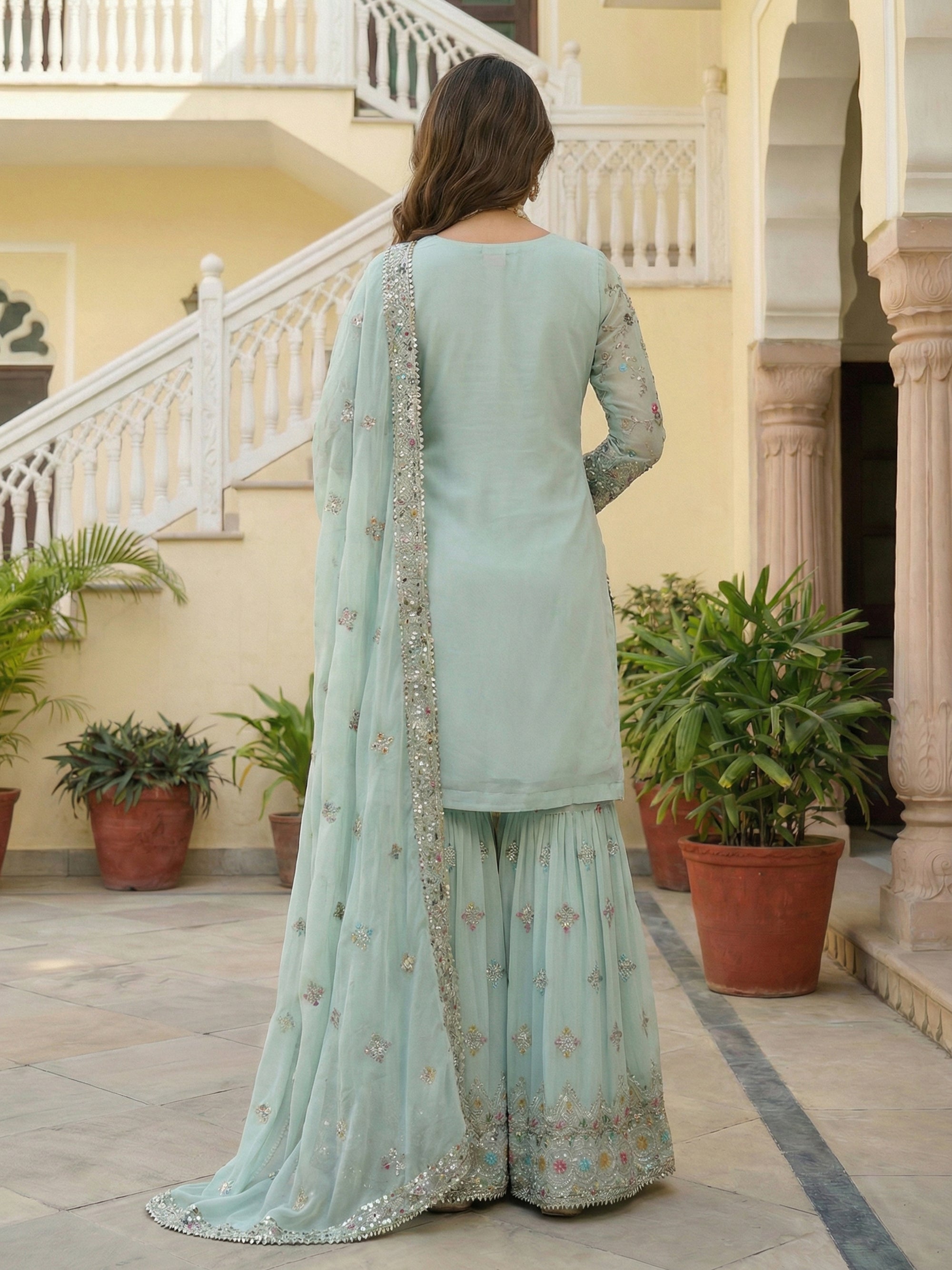 Mint Elegance Embroidered Sharara Set