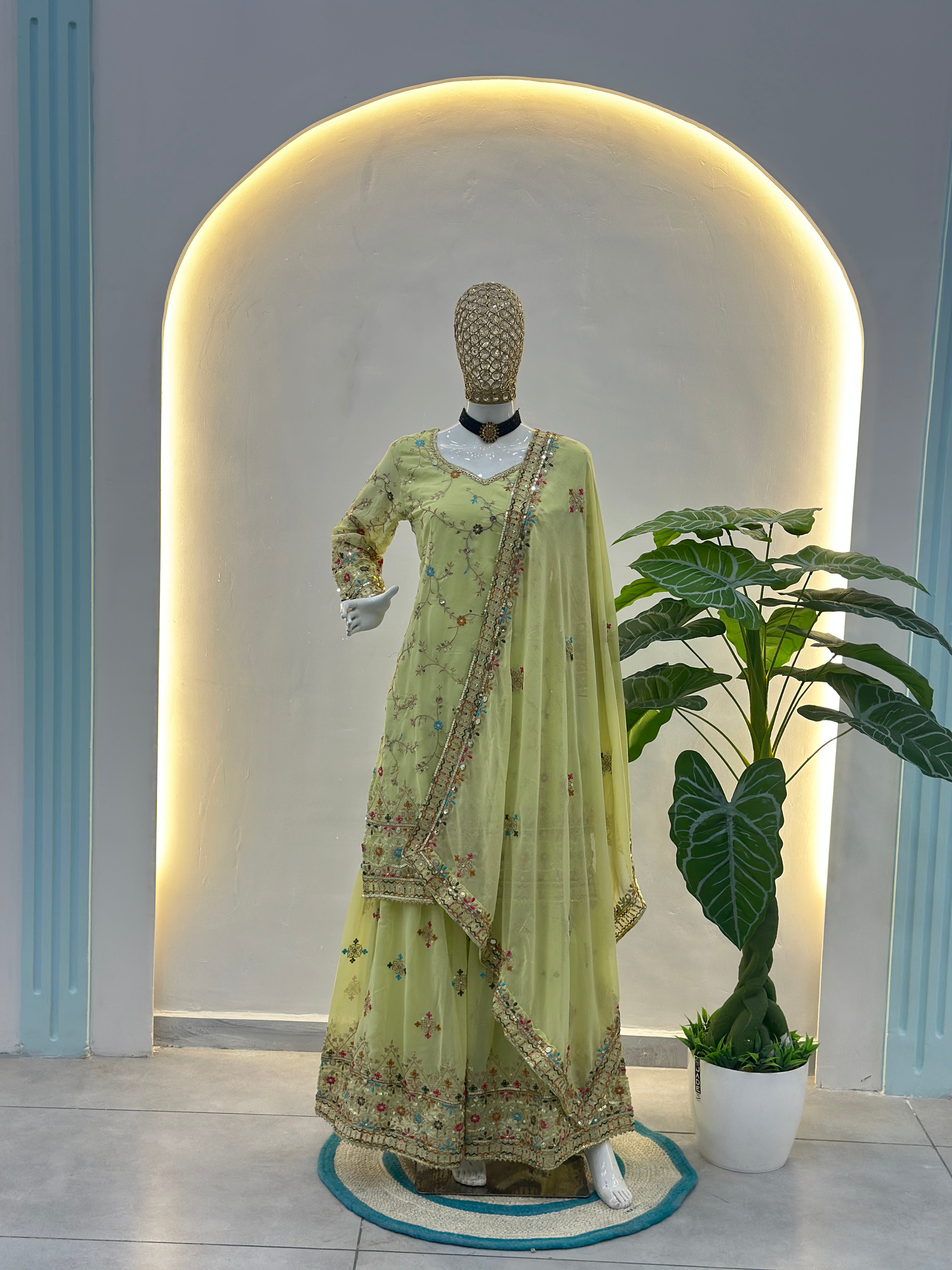 Mint Elegance Embroidered Sharara Set