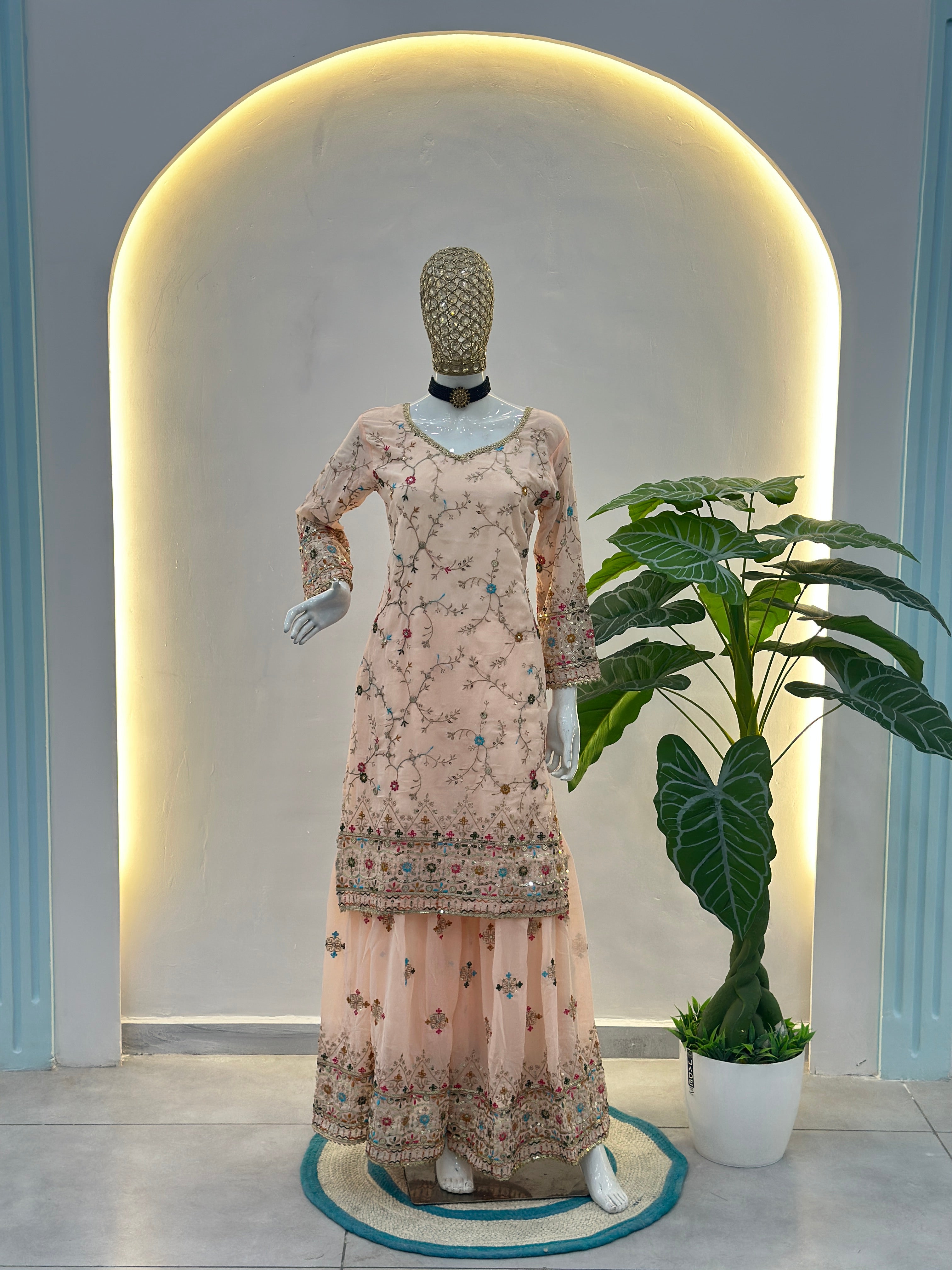 Mint Elegance Embroidered Sharara Set