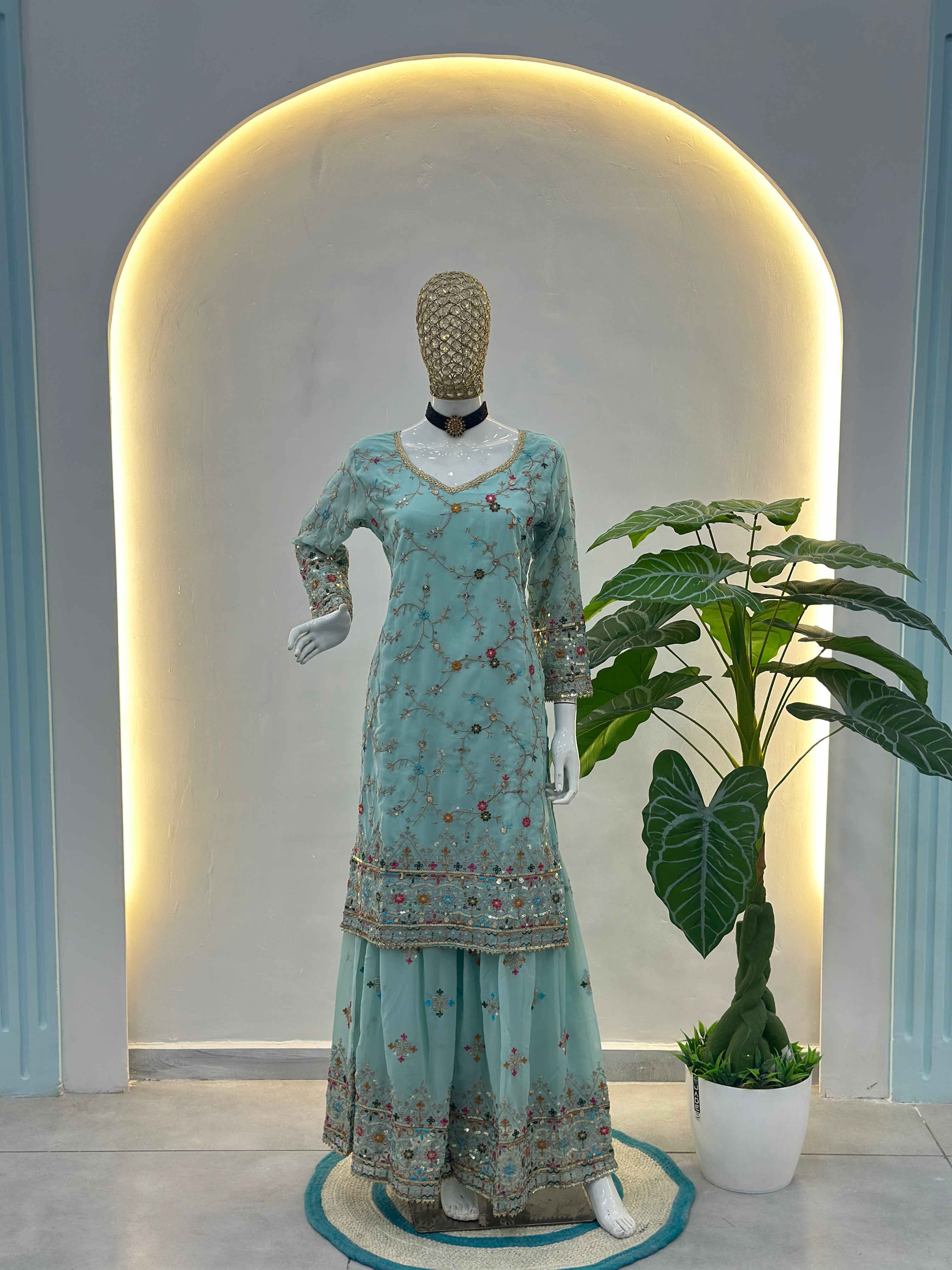Mint Elegance Embroidered Sharara Set