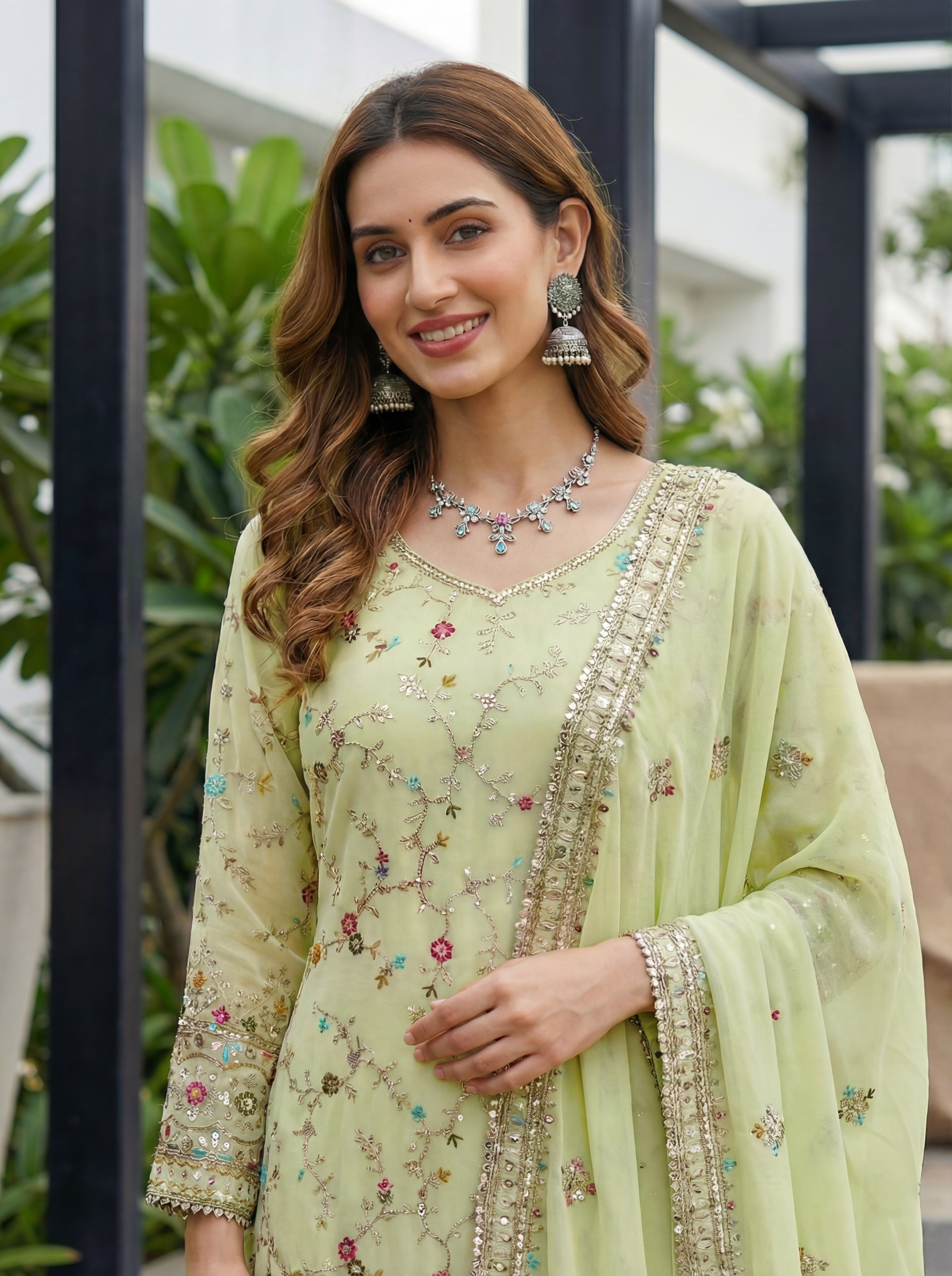 Mint Elegance Embroidered Sharara Set