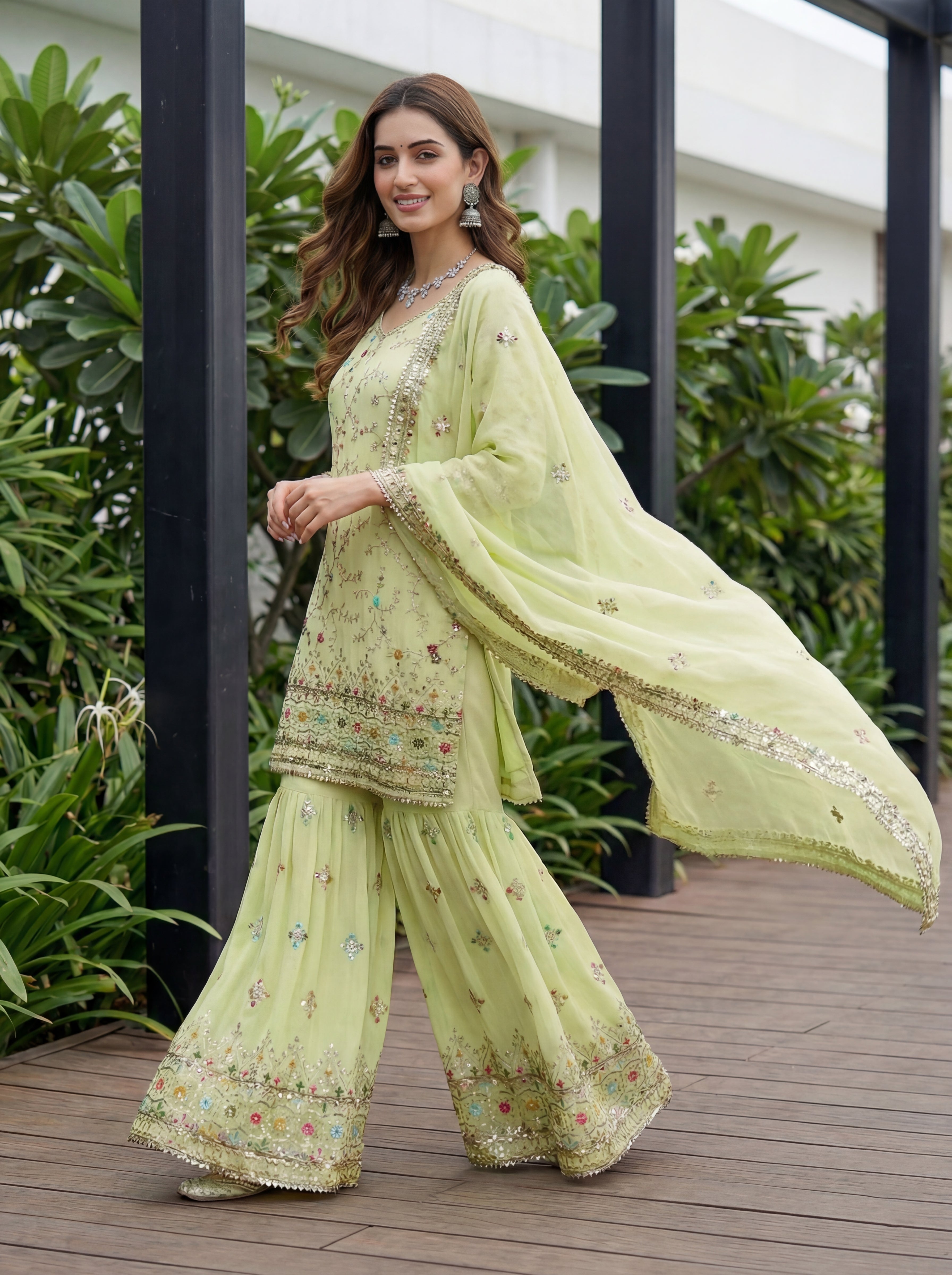Mint Elegance Embroidered Sharara Set