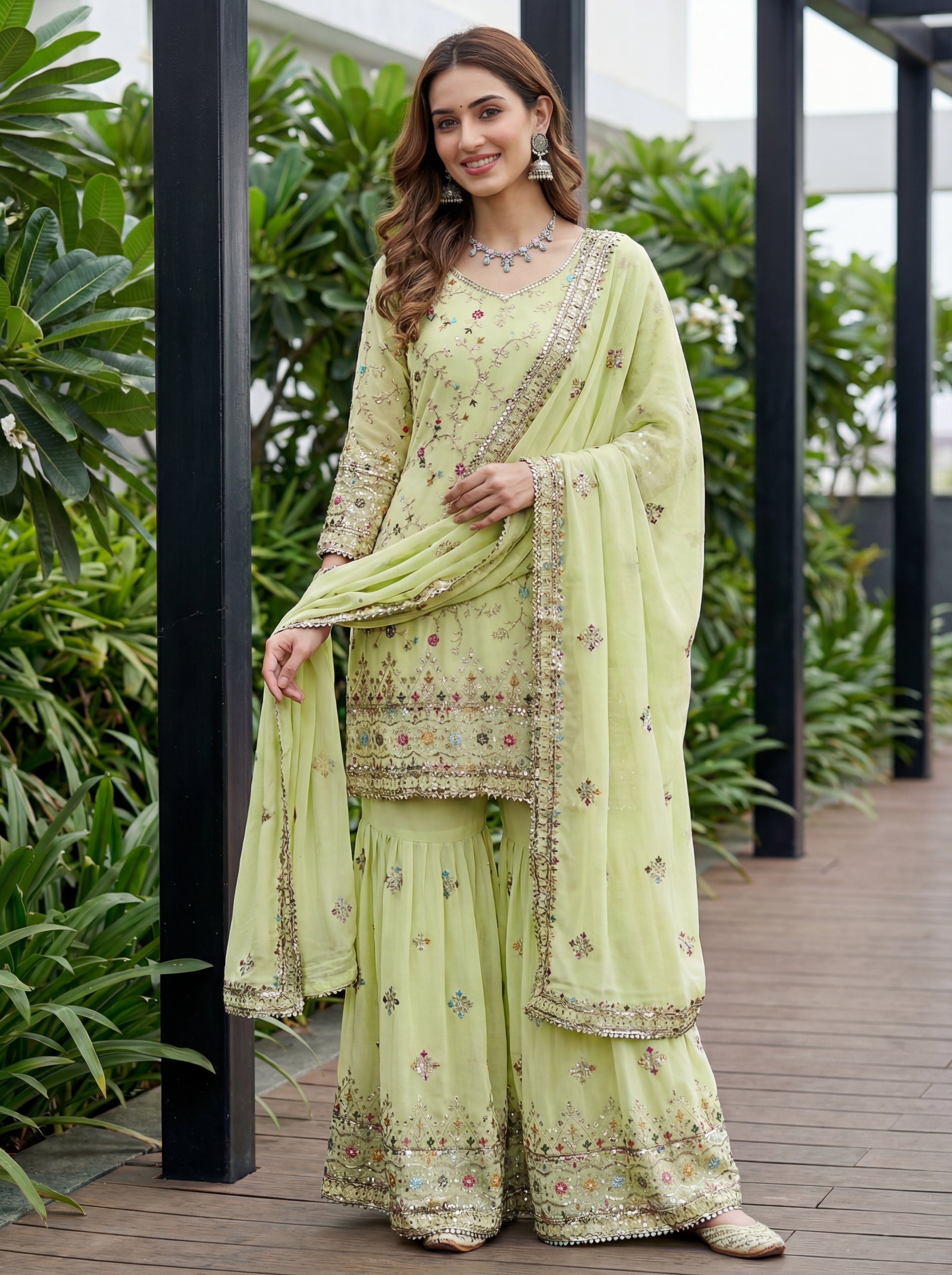 Mint Elegance Embroidered Sharara Set