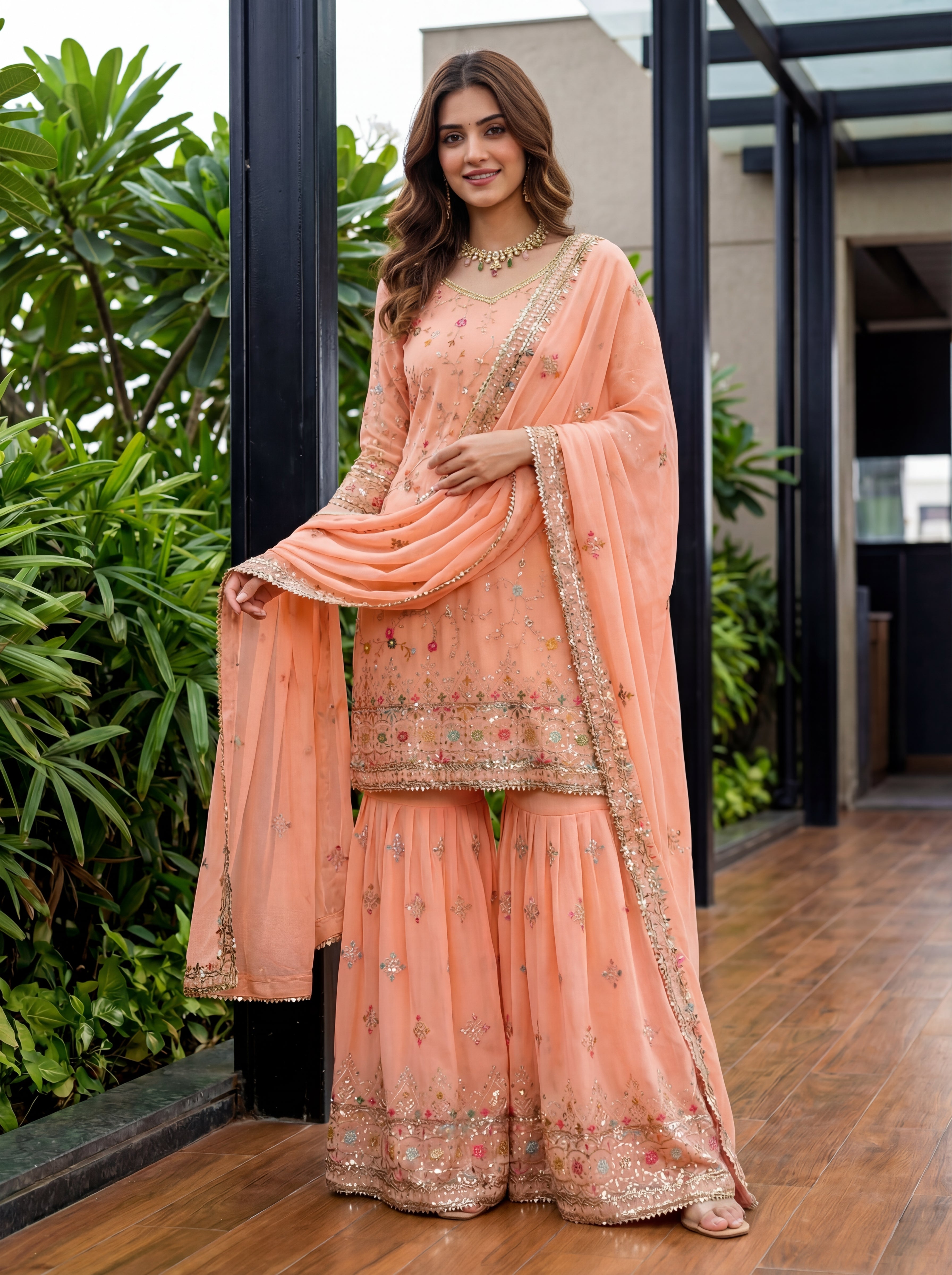 Mint Elegance Embroidered Sharara Set