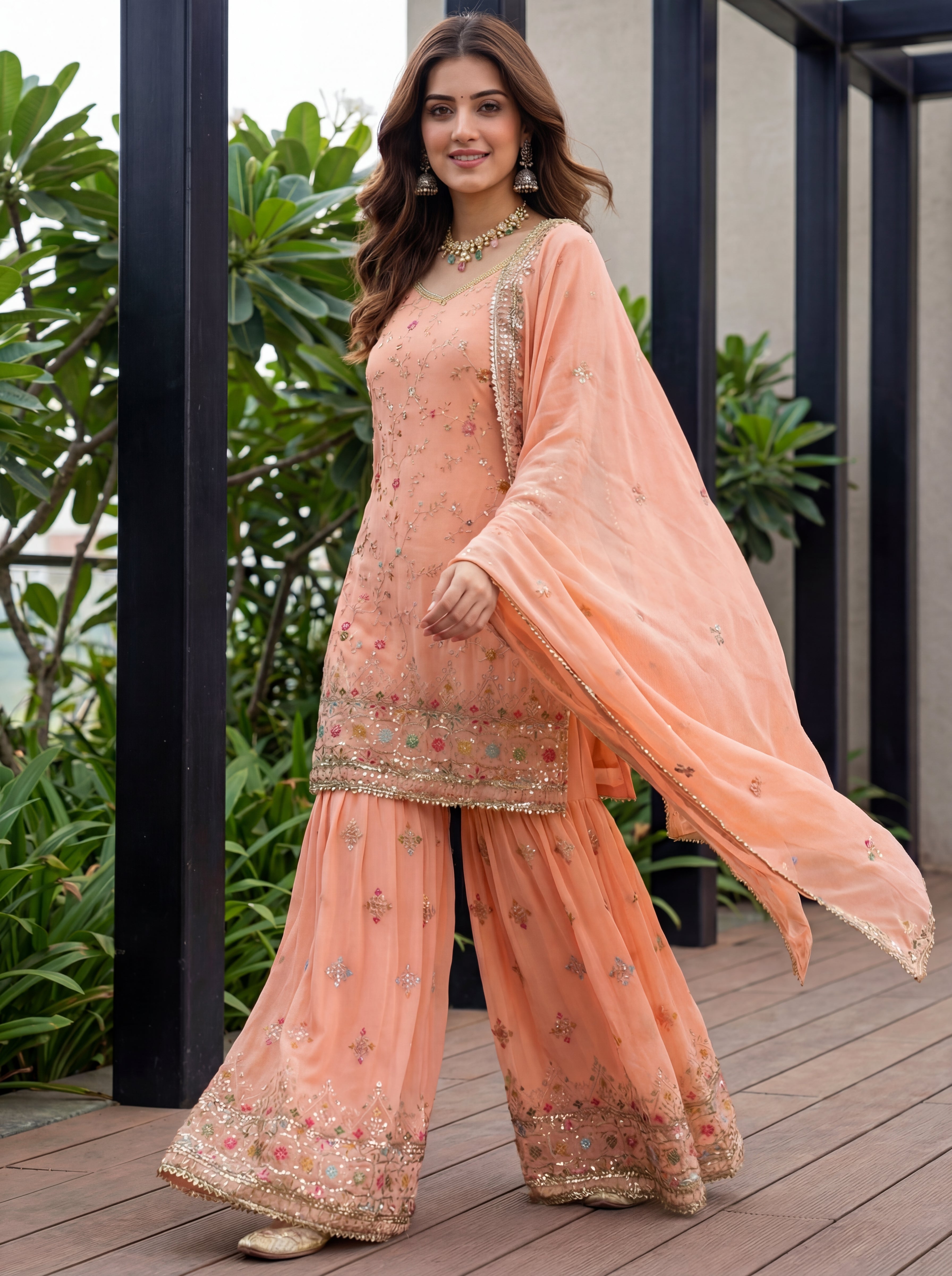 Mint Elegance Embroidered Sharara Set