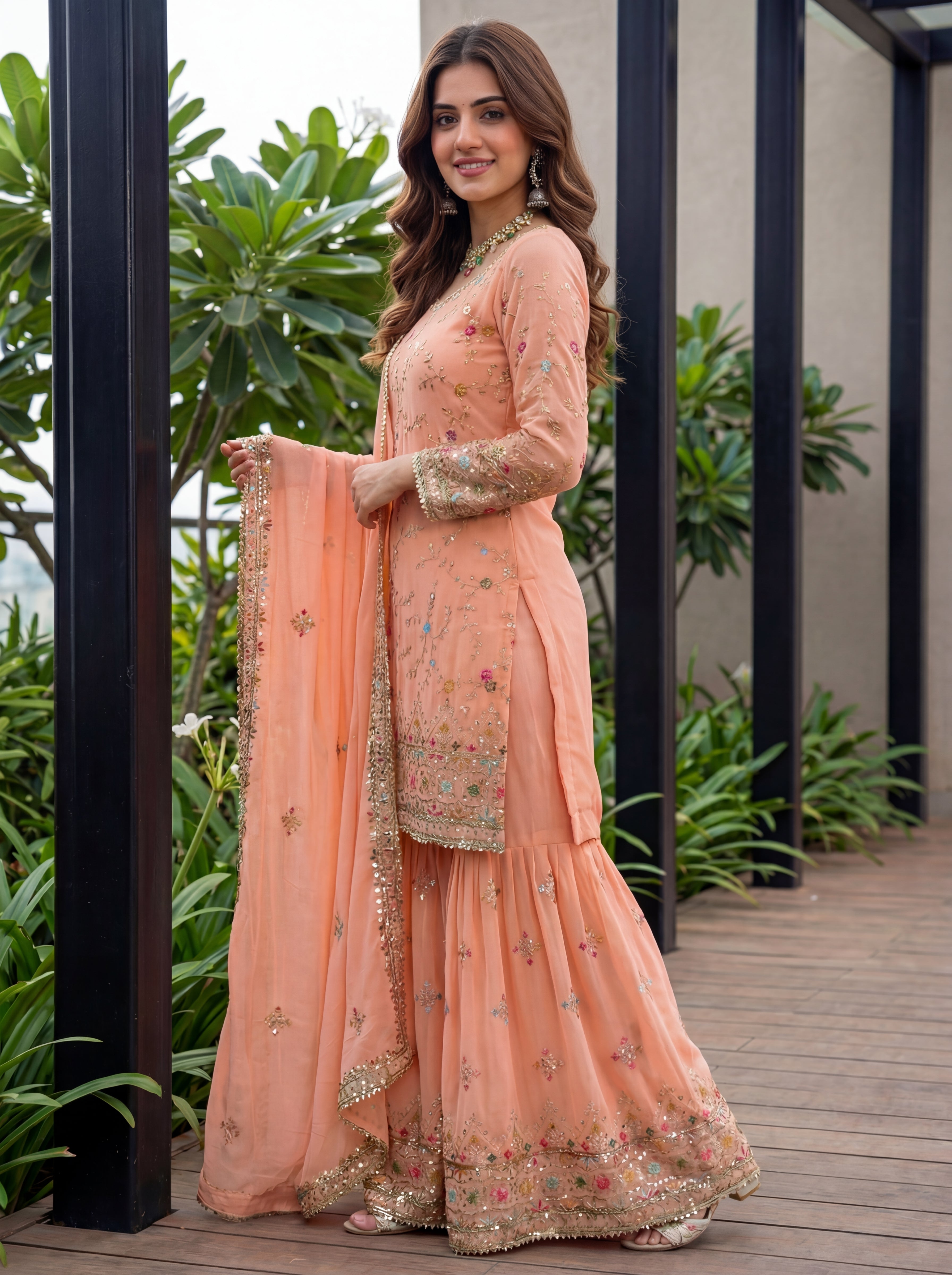 Mint Elegance Embroidered Sharara Set
